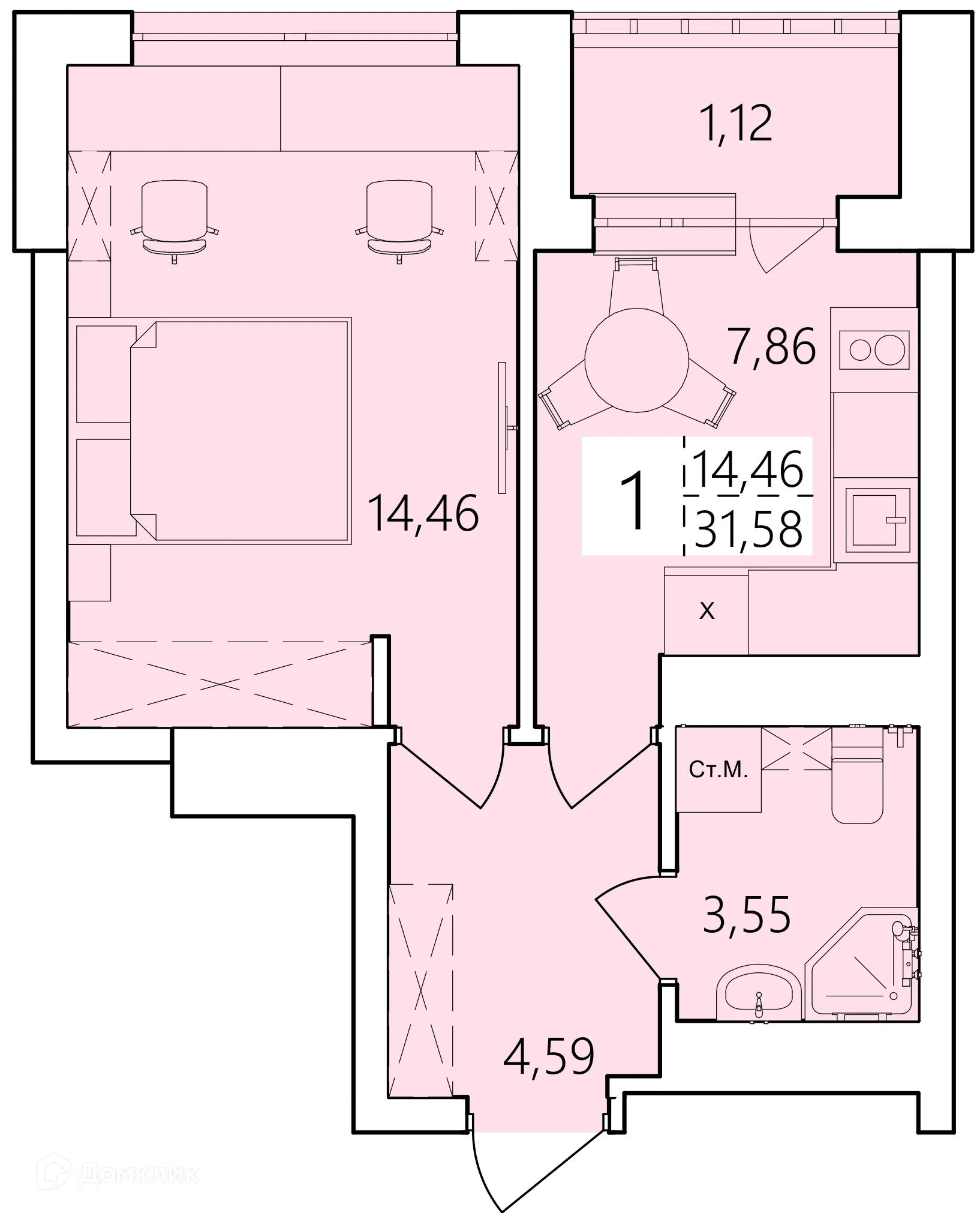 Планировка 1-комнатной квартиры 31.58 м² в ЖК Волна, г. Уфа — фото 1