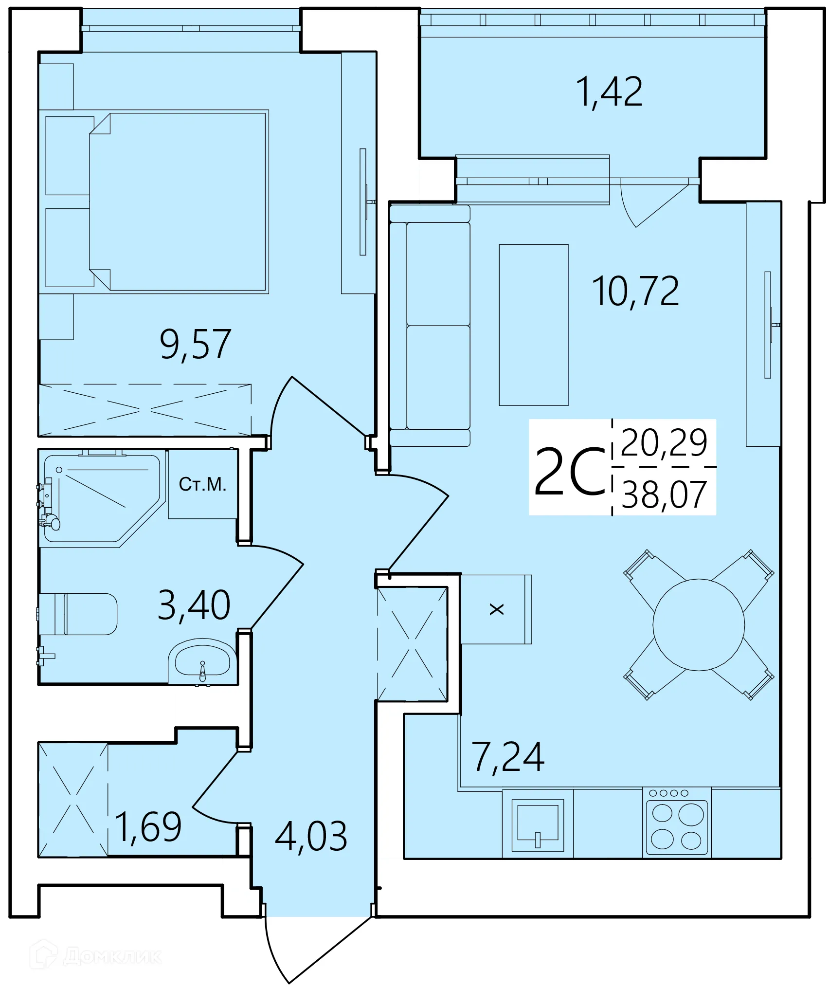 Планировка 2-комнатной квартиры 38.07 м² в ЖК Волна, г. Уфа — фото 1