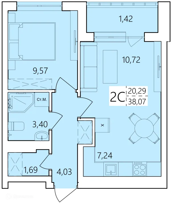 Планировка 2 комн. в ЖК Волна