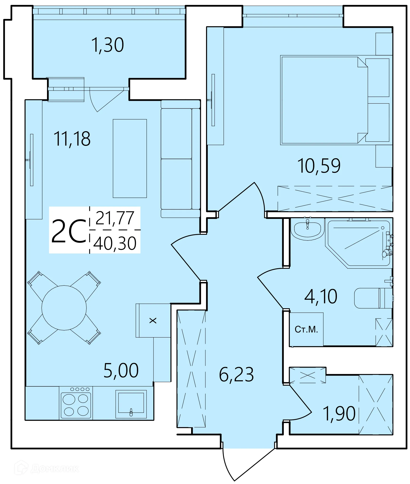 Планировка 2-комнатной квартиры 40.3 м² в ЖК Волна, г. Уфа — фото 1