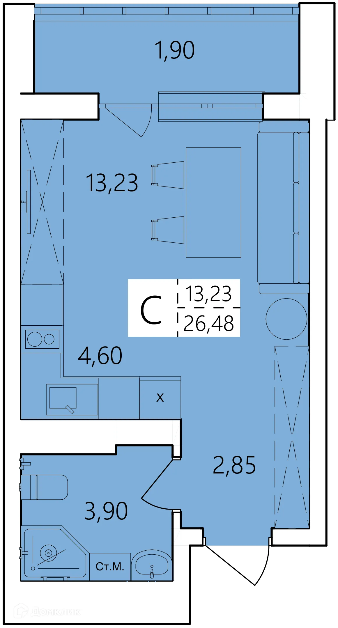 Планировка студии квартиры 26.48 м² в ЖК Волна, г. Уфа — фото 1
