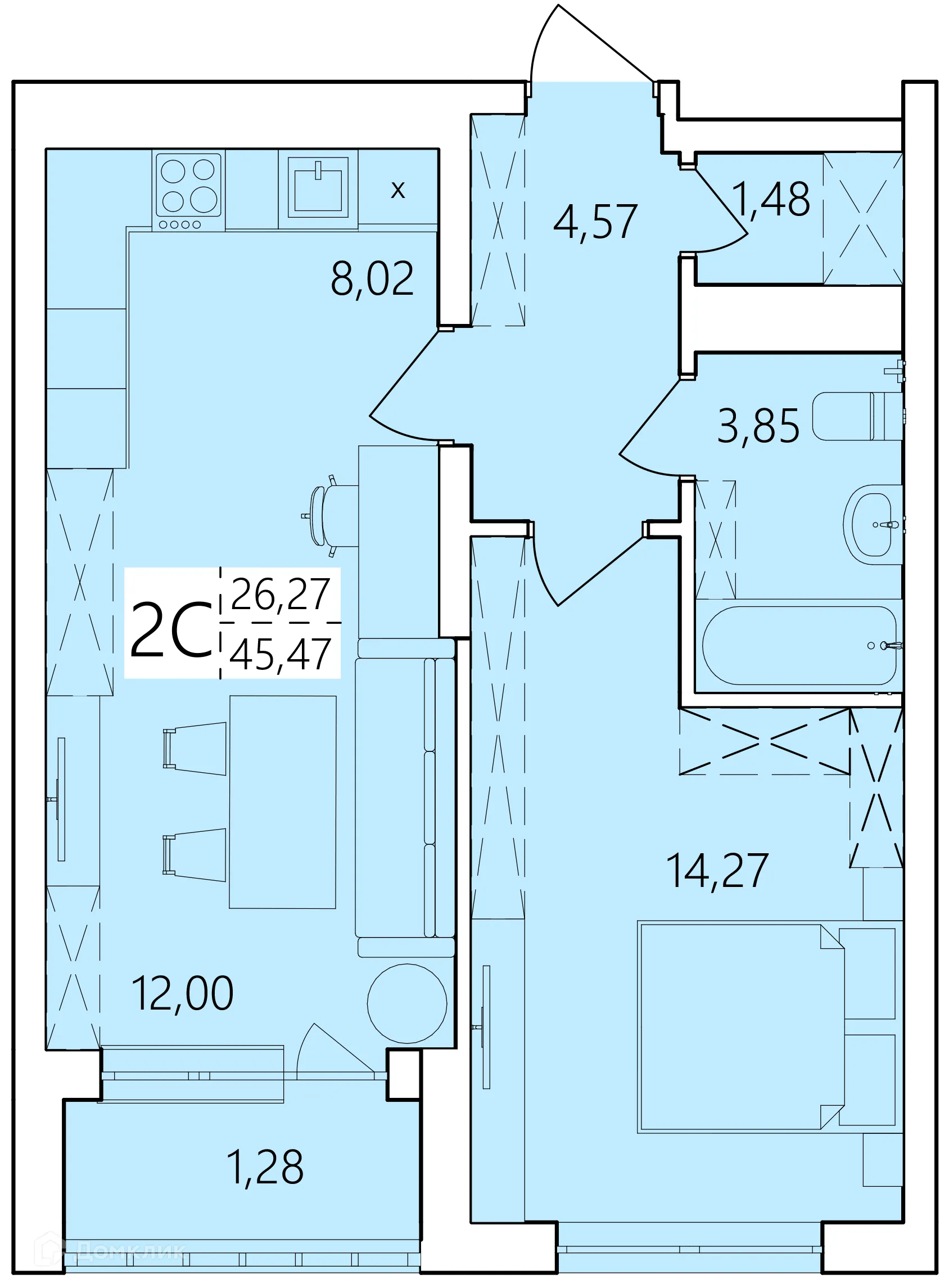 Планировка 2-комнатной квартиры 45.47 м² в ЖК Волна, г. Уфа — фото 1