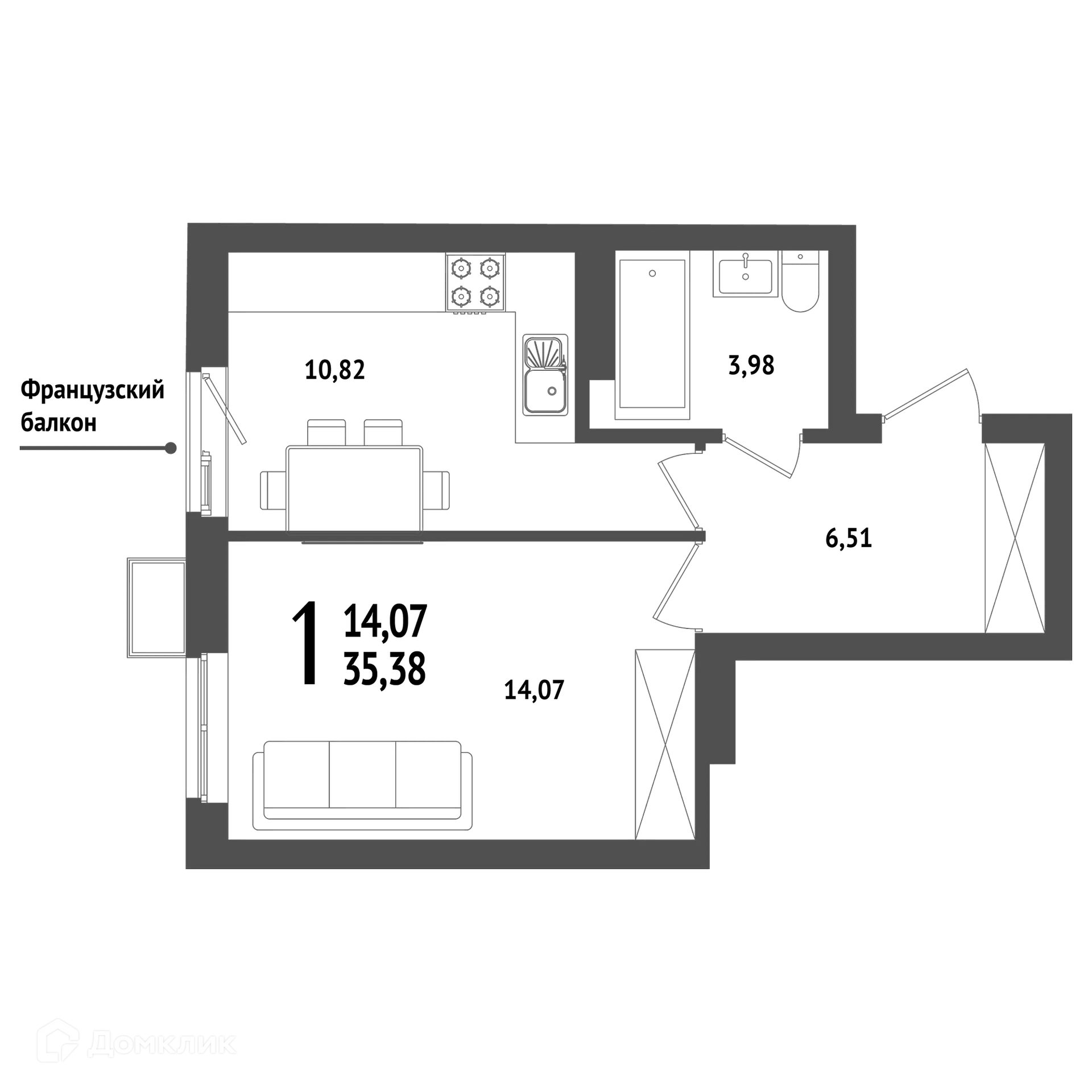 Планировка 1-комнатной квартиры 35.38 м² в ЖК "ХОЛМОГОРЫ", г. Уфа — фото 1