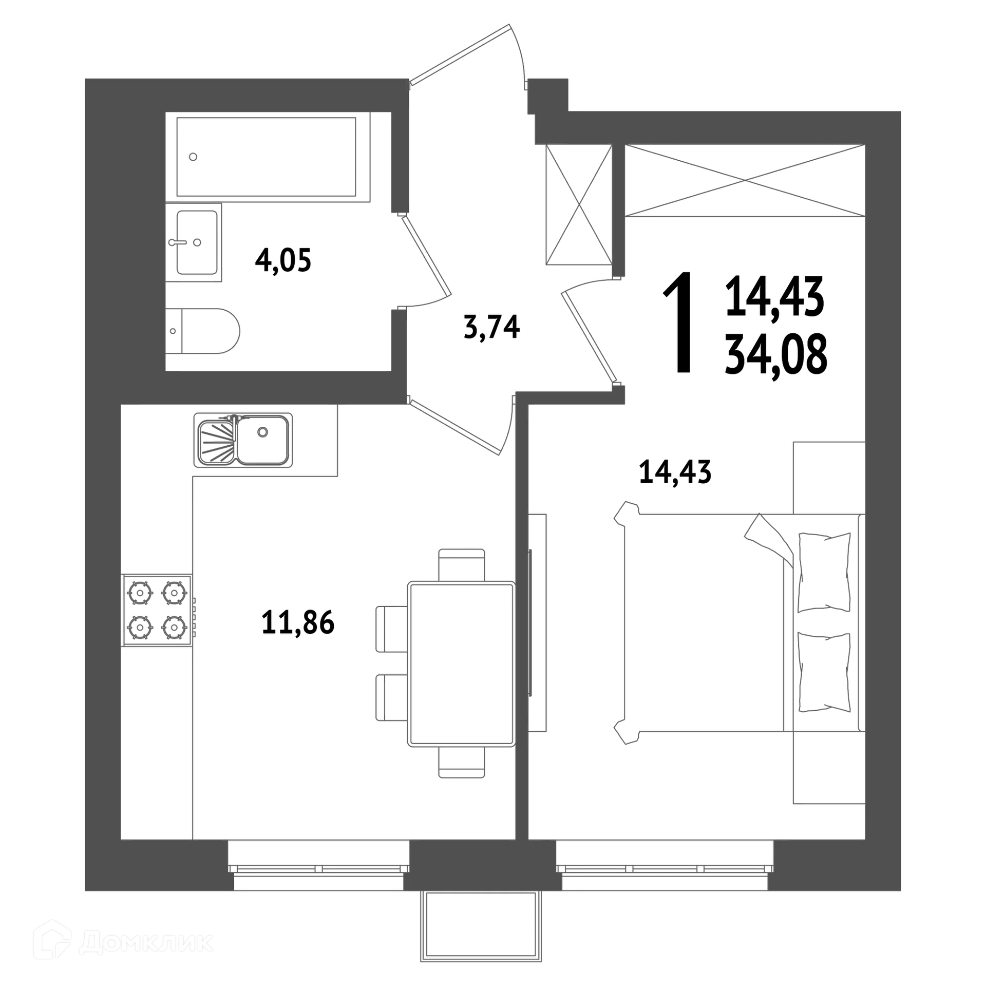 Планировка 1-комнатной квартиры 34.08 м² в ЖК "ХОЛМОГОРЫ", г. Уфа — фото 1