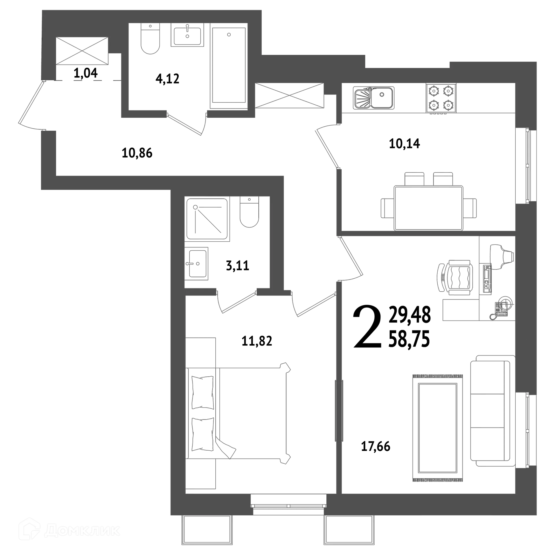 Планировка 2-комнатной квартиры 58.75 м² в ЖК "ХОЛМОГОРЫ", г. Уфа — фото 1