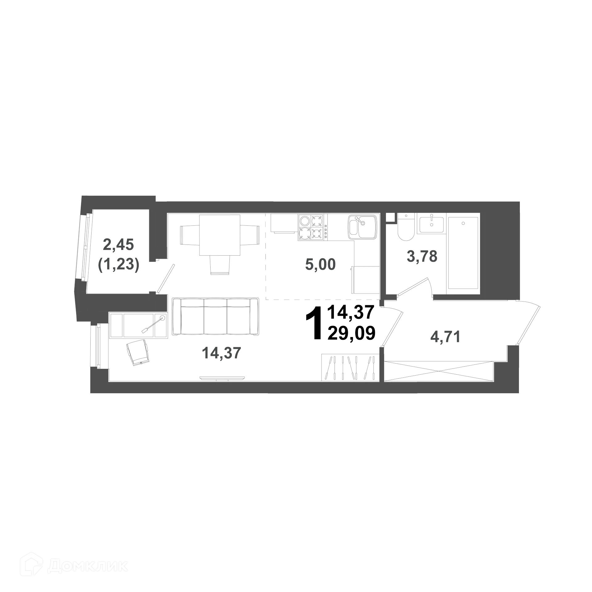 Планировка студии квартиры 29.09 м² в ЖК "ХОЛМОГОРЫ", г. Уфа — фото 1