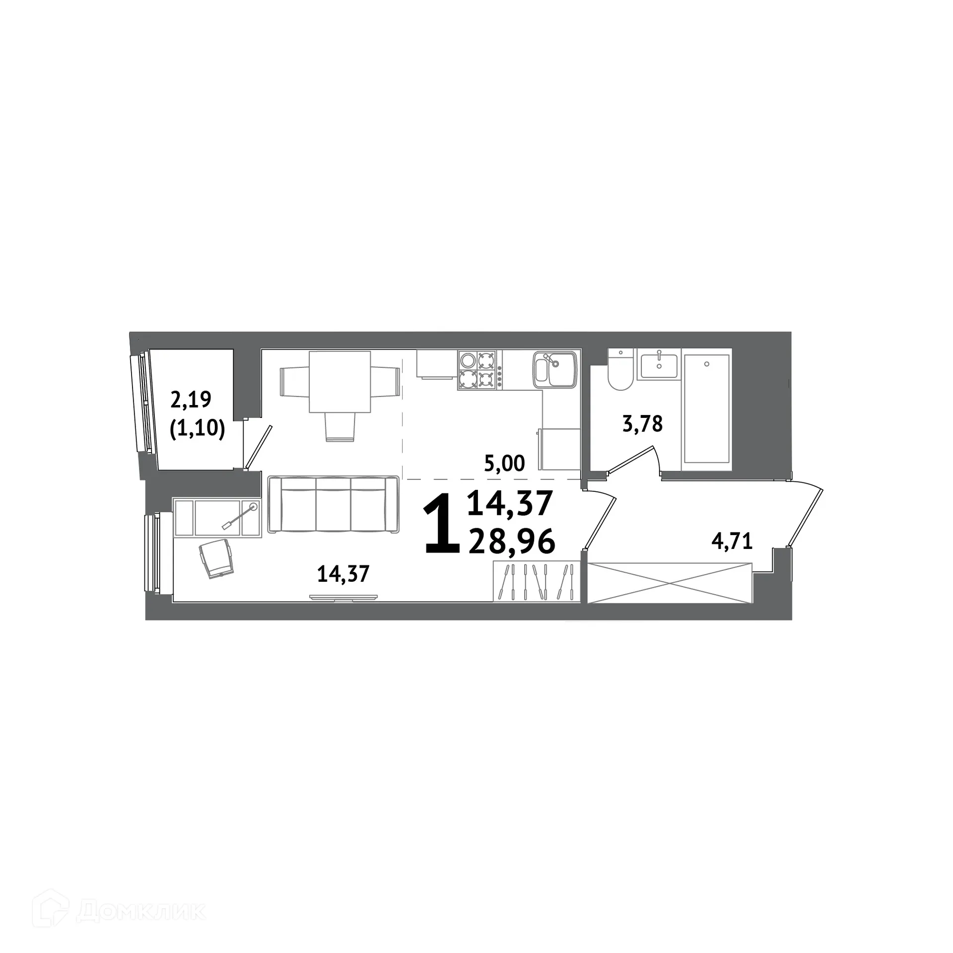 Планировка студии квартиры 28.96 м² в ЖК "ХОЛМОГОРЫ", г. Уфа — фото 1