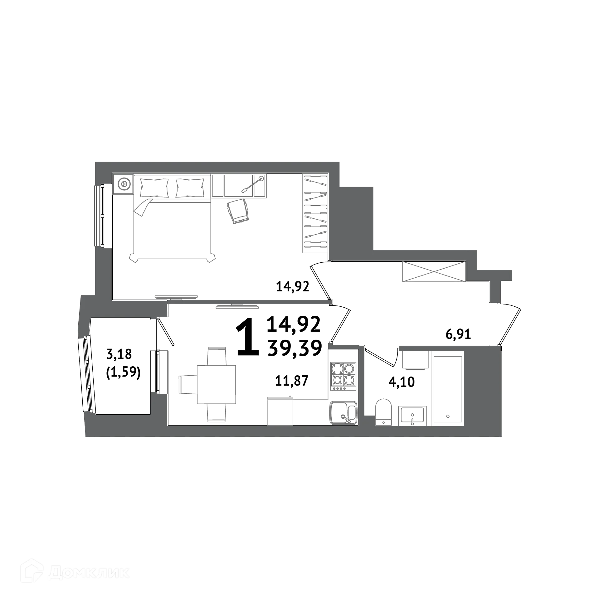 Планировка 1-комнатной квартиры 39.39 м² в ЖК "ХОЛМОГОРЫ", г. Уфа — фото 1