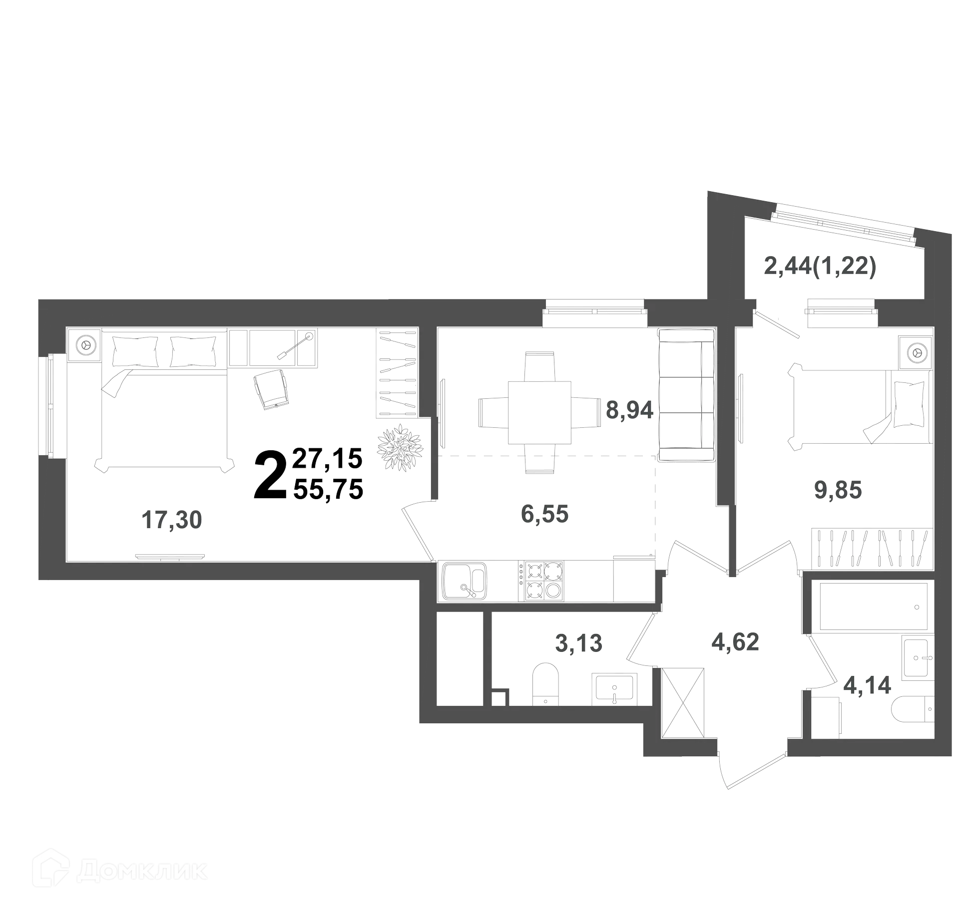 Планировка 2-комнатной квартиры 55.75 м² в ЖК "ХОЛМОГОРЫ", г. Уфа — фото 1