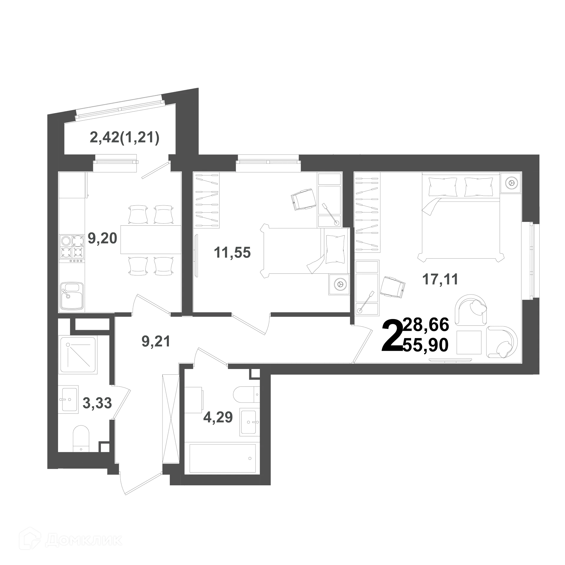 Планировка 2-комнатной квартиры 55.9 м² в ЖК "ХОЛМОГОРЫ", г. Уфа — фото 1