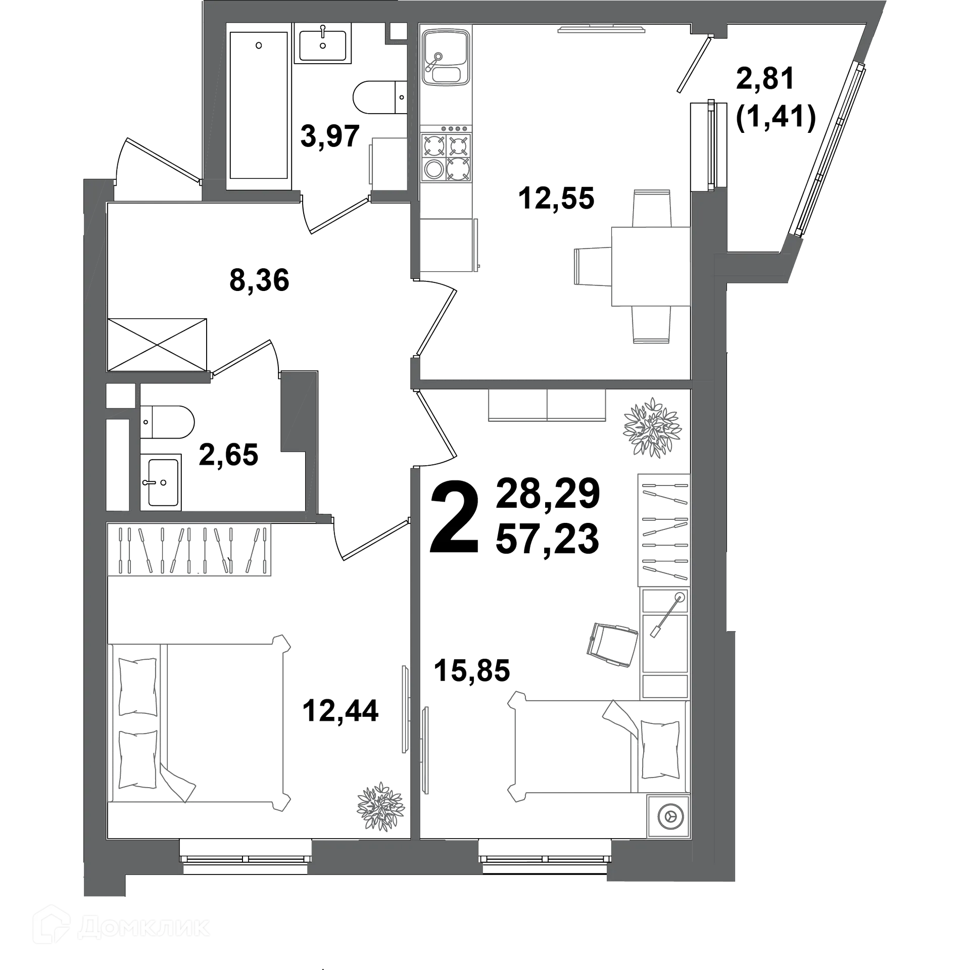 Планировка 2-комнатной квартиры 57.23 м² в ЖК "ХОЛМОГОРЫ", г. Уфа — фото 1