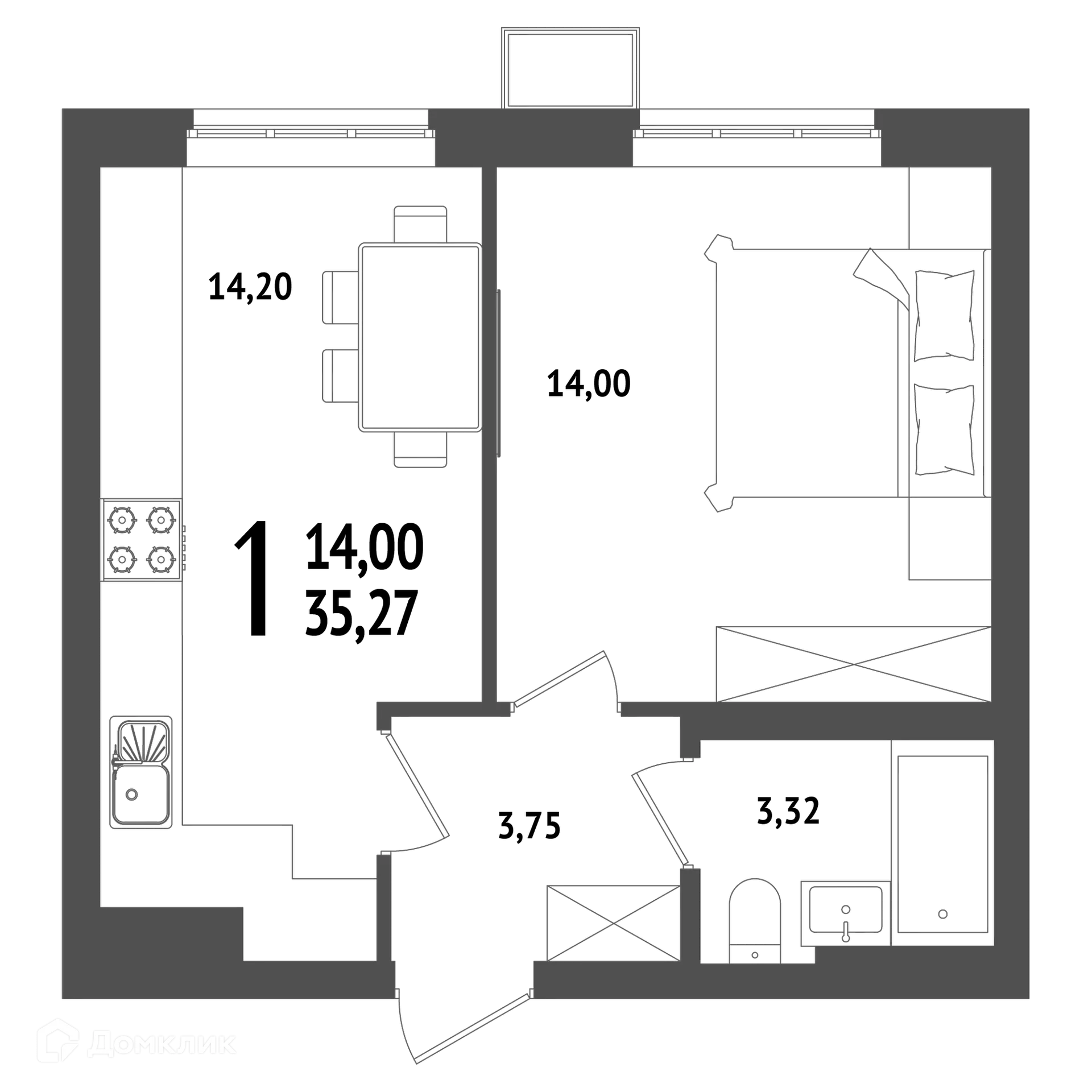 Планировка 1-комнатной квартиры 35.27 м² в ЖК "ХОЛМОГОРЫ", г. Уфа — фото 1
