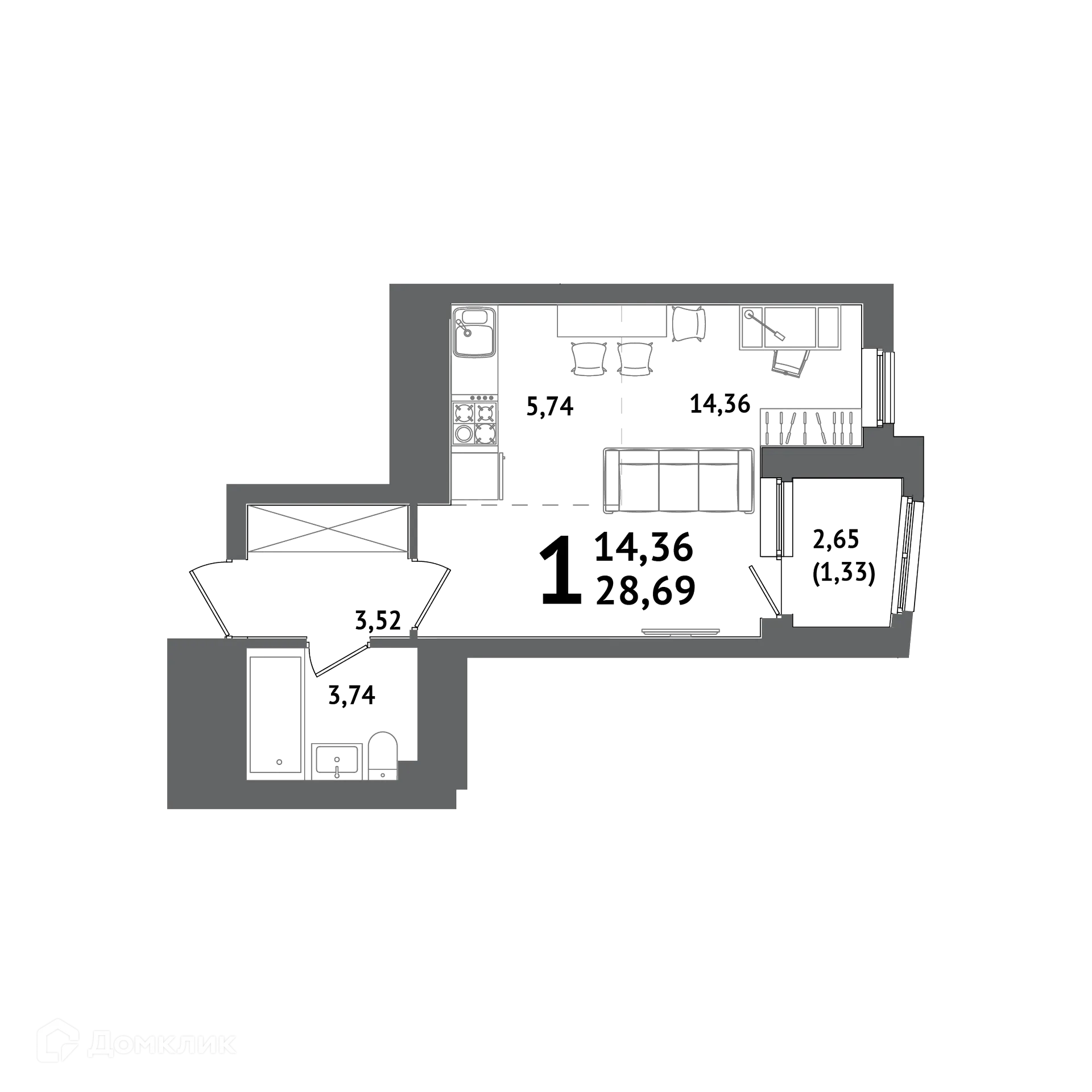 Планировка студии квартиры 28.69 м² в ЖК "ХОЛМОГОРЫ", г. Уфа — фото 1