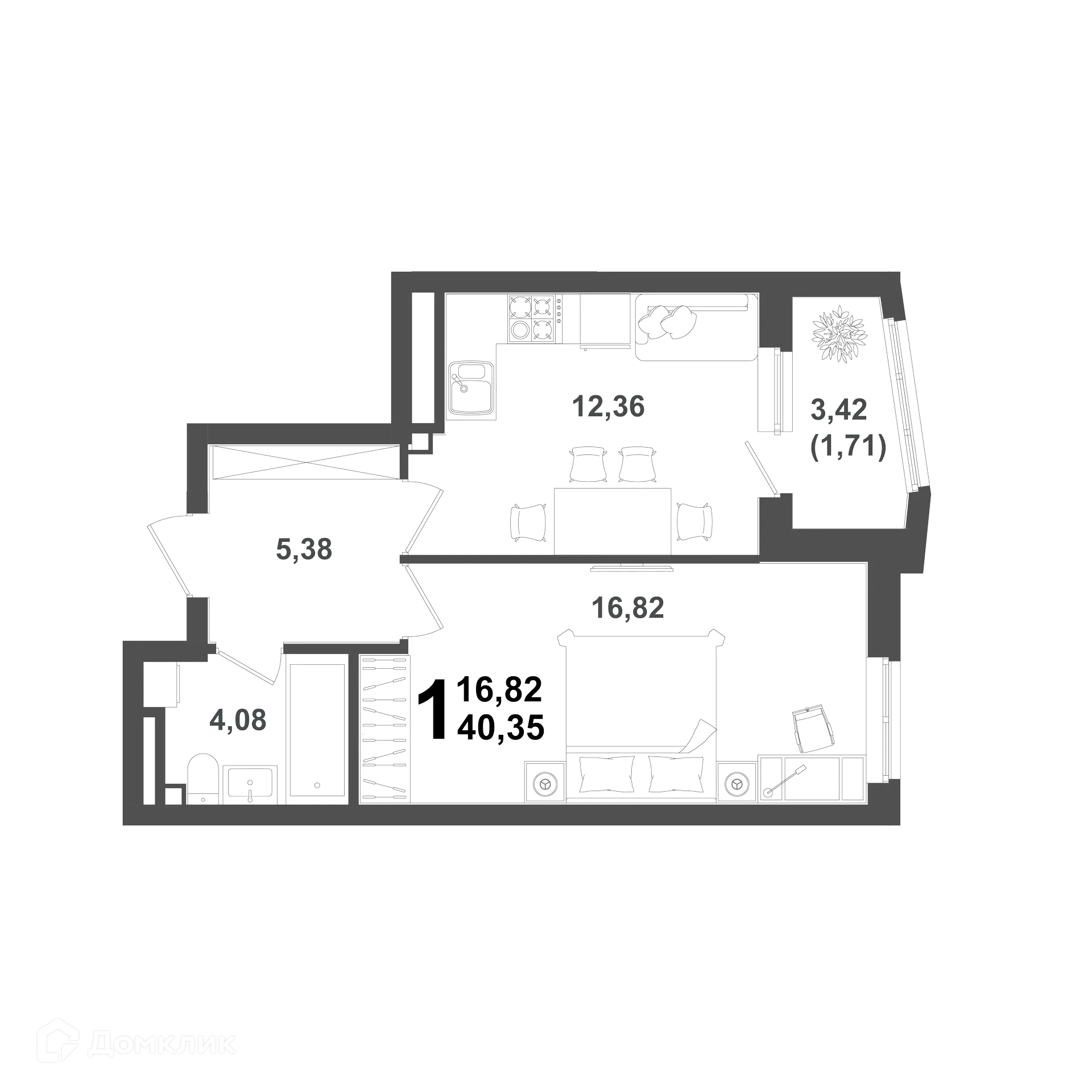 Планировка 1-комнатной квартиры 40.35 м² в ЖК "ХОЛМОГОРЫ", г. Уфа — фото 1