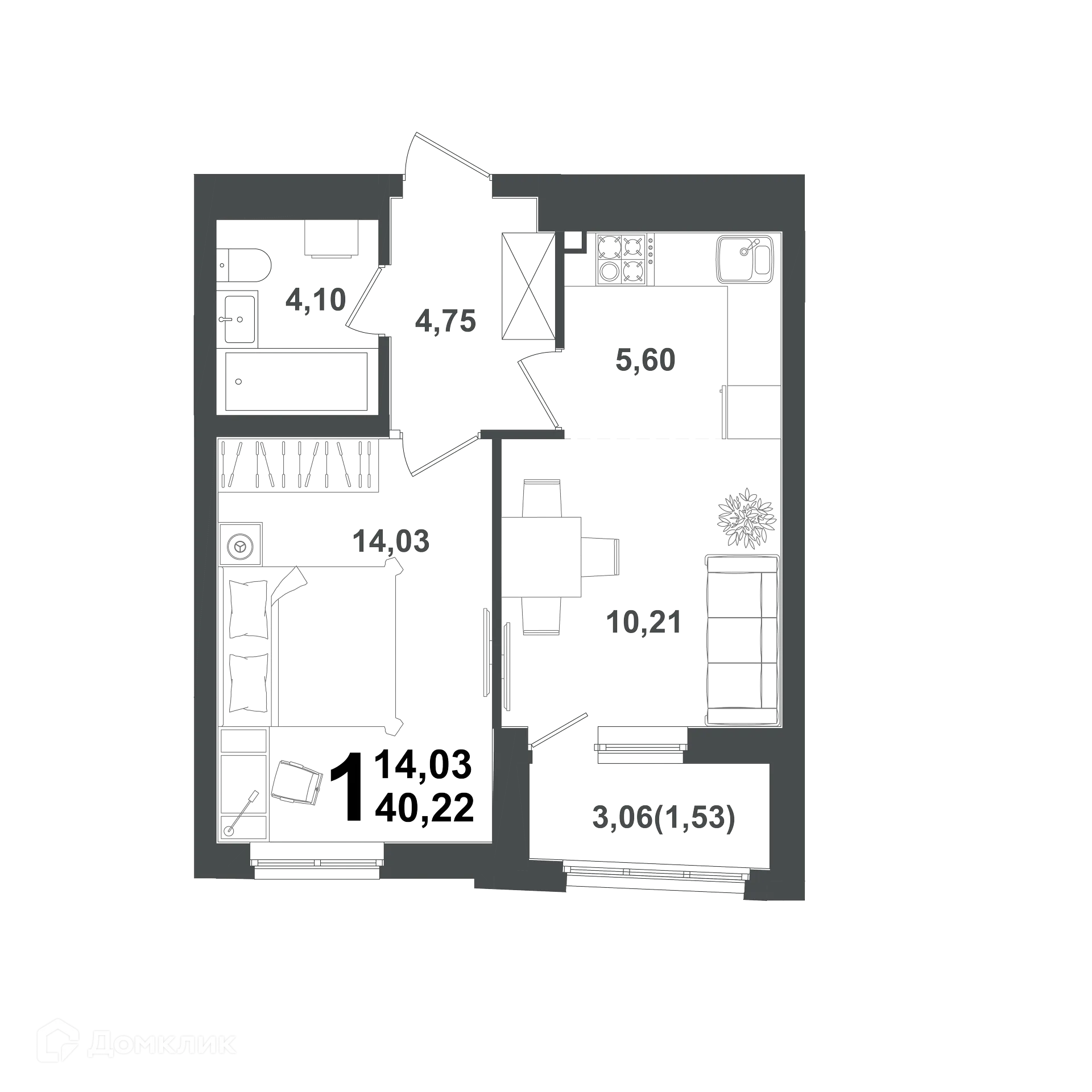Планировка 1-комнатной квартиры 40.22 м² в ЖК "ХОЛМОГОРЫ", г. Уфа — фото 1
