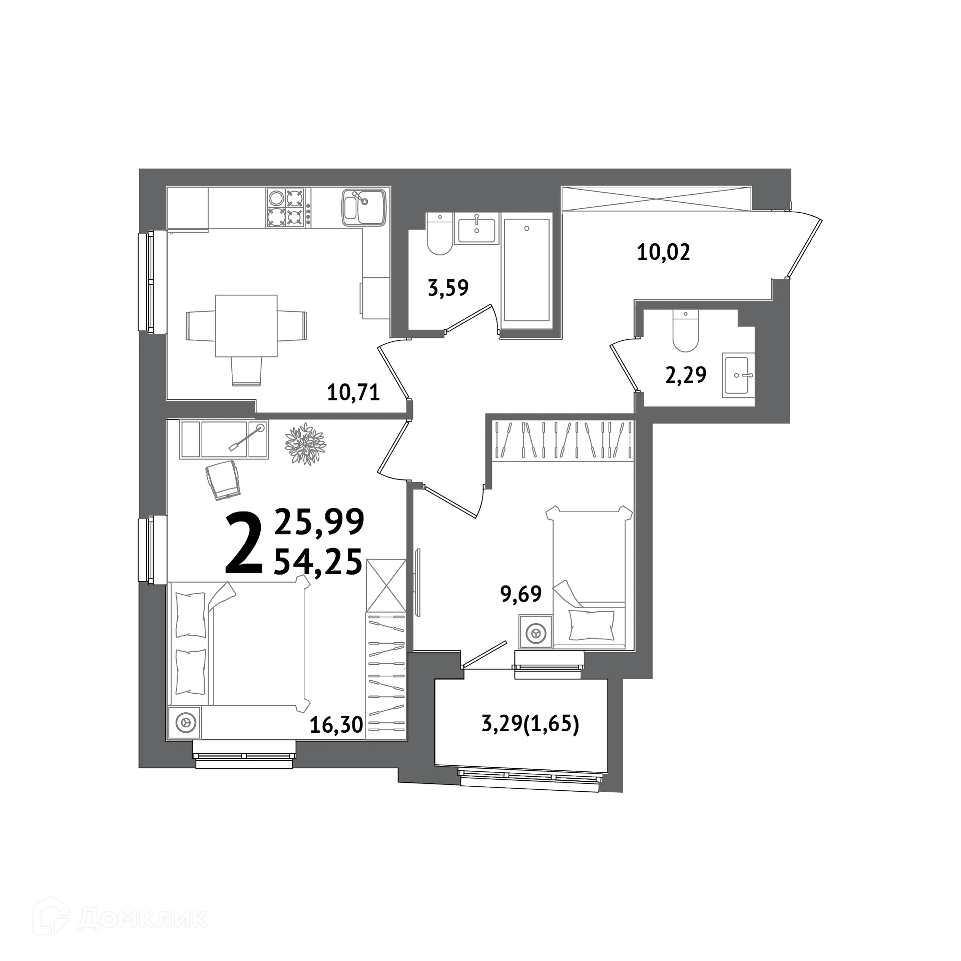 Планировка 2-комнатной квартиры 54.25 м² в ЖК "ХОЛМОГОРЫ", г. Уфа — фото 1