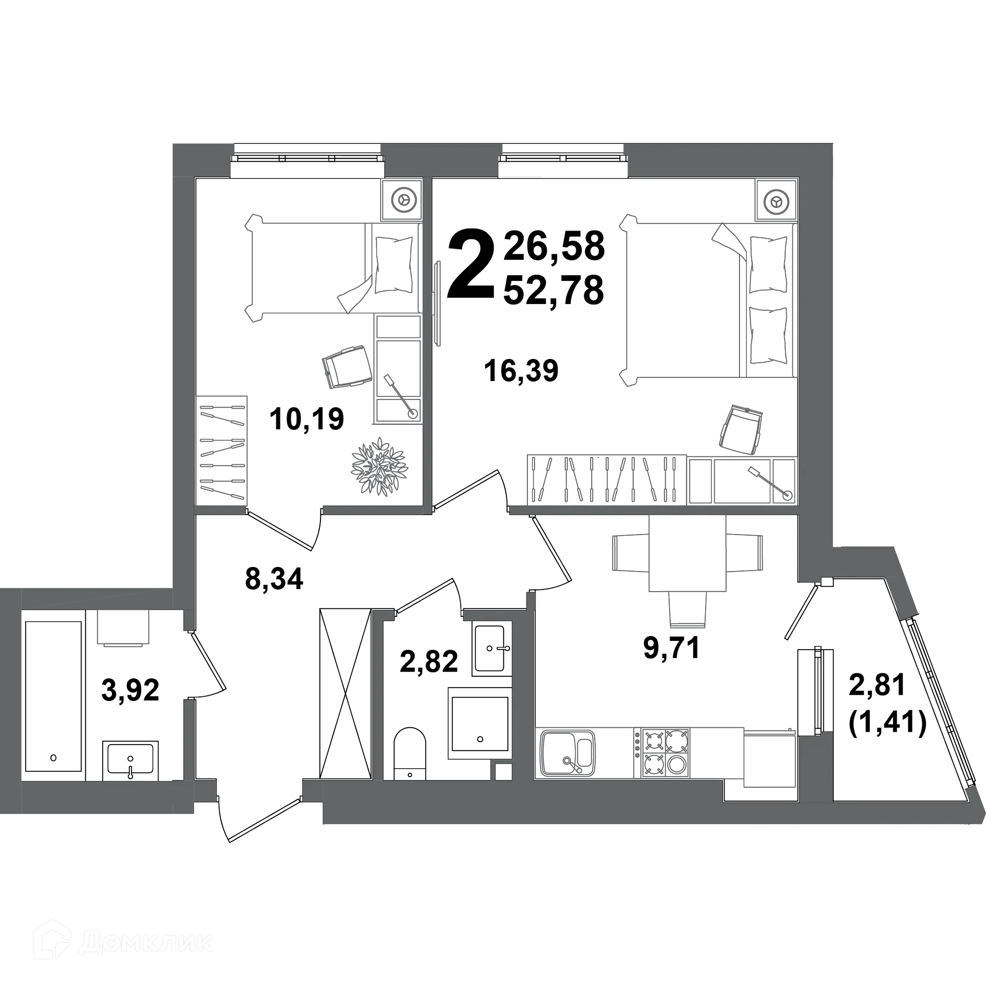 Планировка 2-комнатной квартиры 52.78 м² в ЖК "ХОЛМОГОРЫ", г. Уфа — фото 1