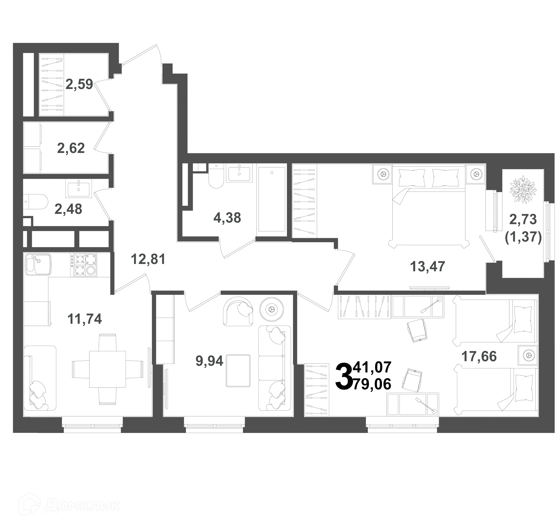 Планировка 3-комнатной квартиры 79.06 м² в ЖК "ХОЛМОГОРЫ", г. Уфа — фото 1