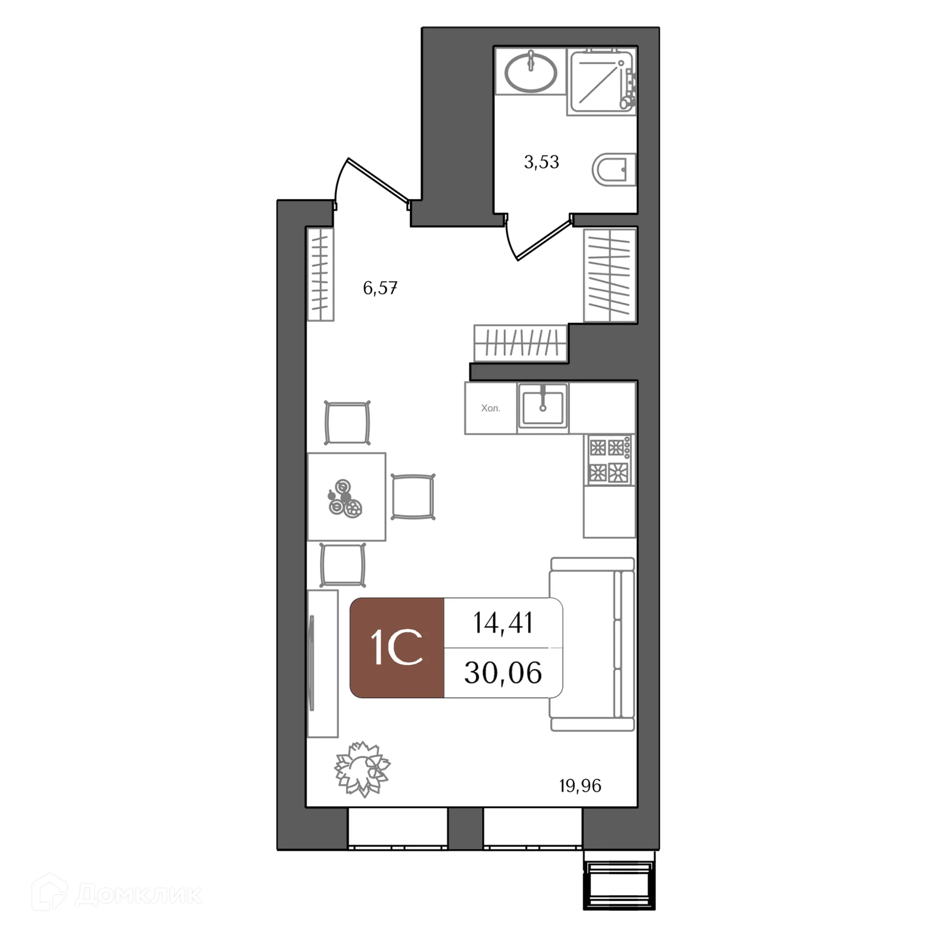 Планировка студии квартиры 30.06 м² в ЖК "ХОЛМОГОРЫ", г. Уфа — фото 1
