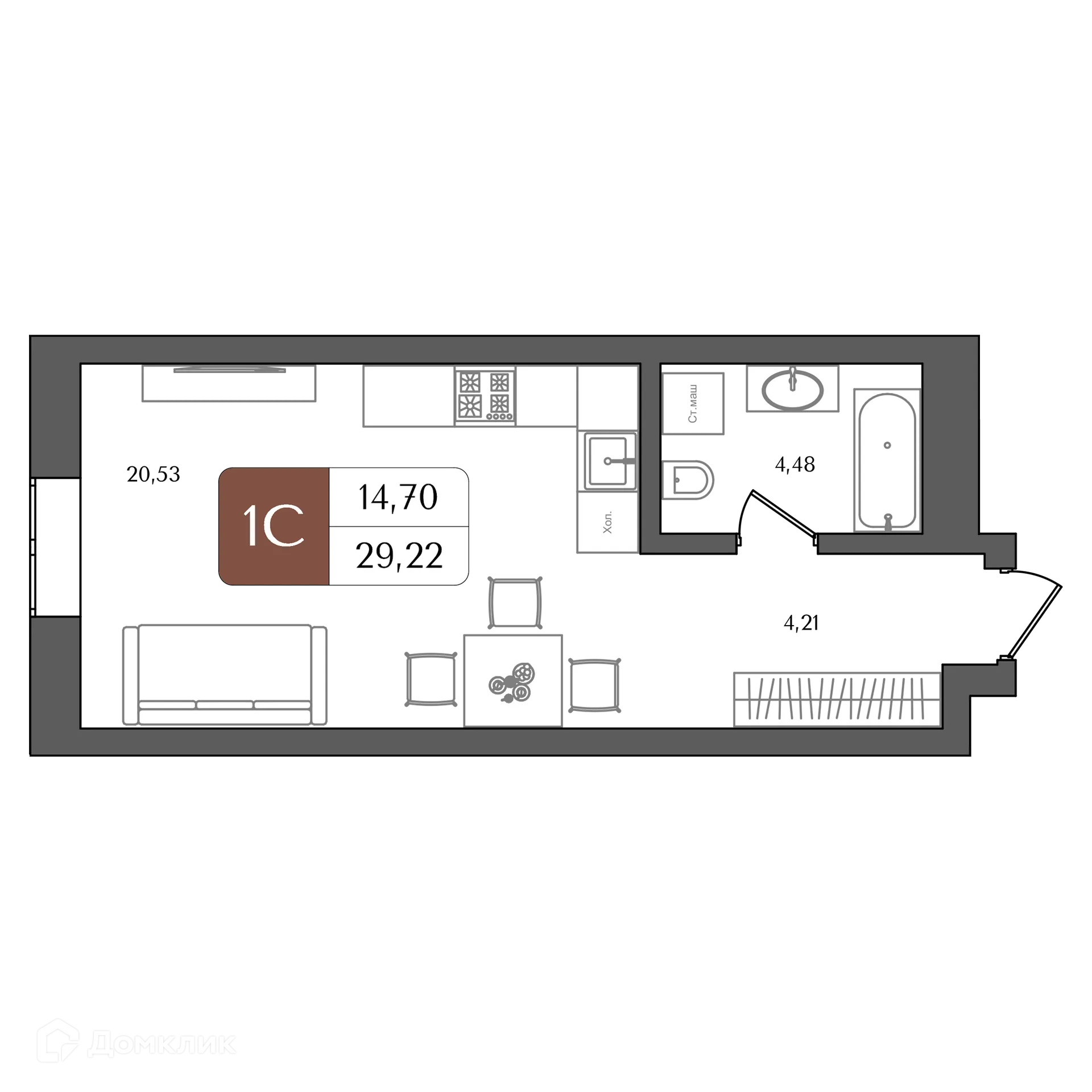 Планировка студии квартиры 29.22 м² в ЖК "ХОЛМОГОРЫ", г. Уфа — фото 1