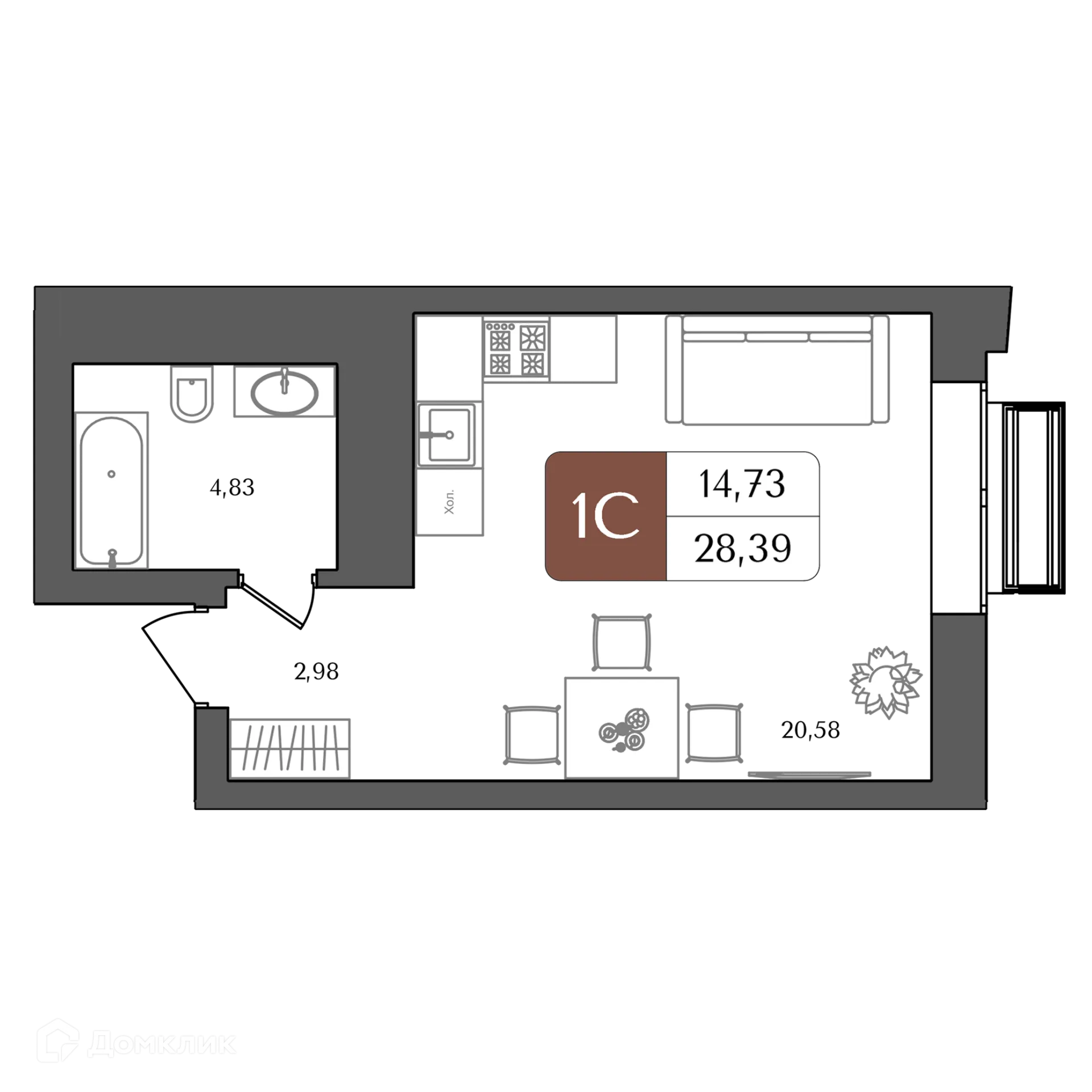 Планировка студии квартиры 28.39 м² в ЖК "ХОЛМОГОРЫ", г. Уфа — фото 1
