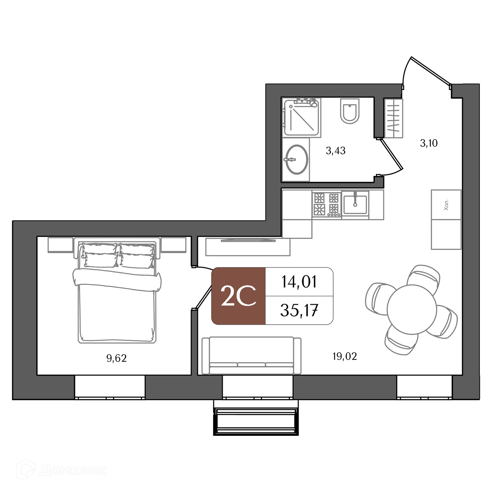 Планировка 2-комнатной квартиры 35.17 м² в ЖК "ХОЛМОГОРЫ", г. Уфа — фото 1
