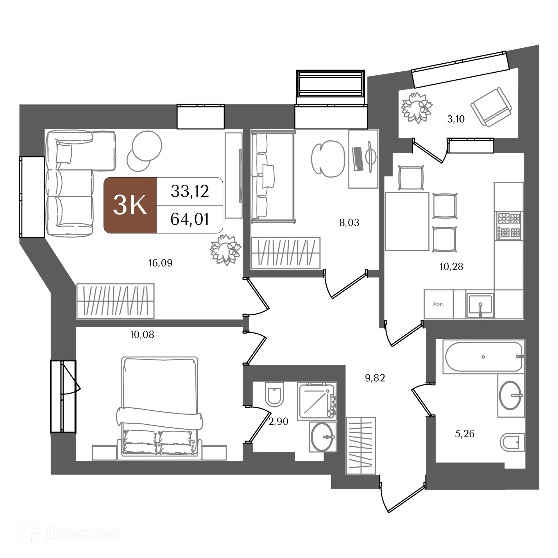 Планировка 3-комнатной квартиры 64.01 м² в ЖК "ХОЛМОГОРЫ", г. Уфа — фото 1