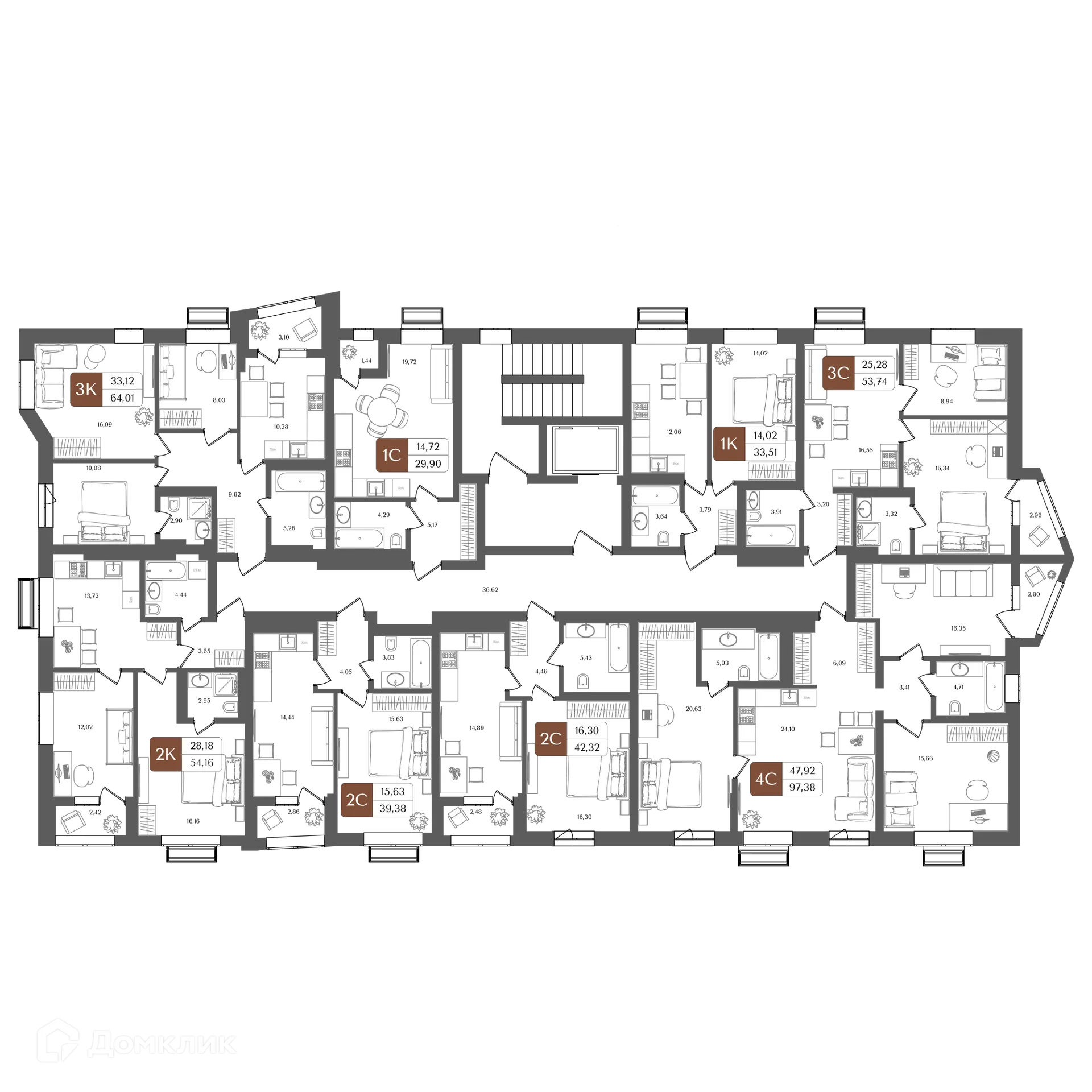 Планировка 3-комнатной квартиры 64.01 м² в ЖК "ХОЛМОГОРЫ", г. Уфа — фото 2