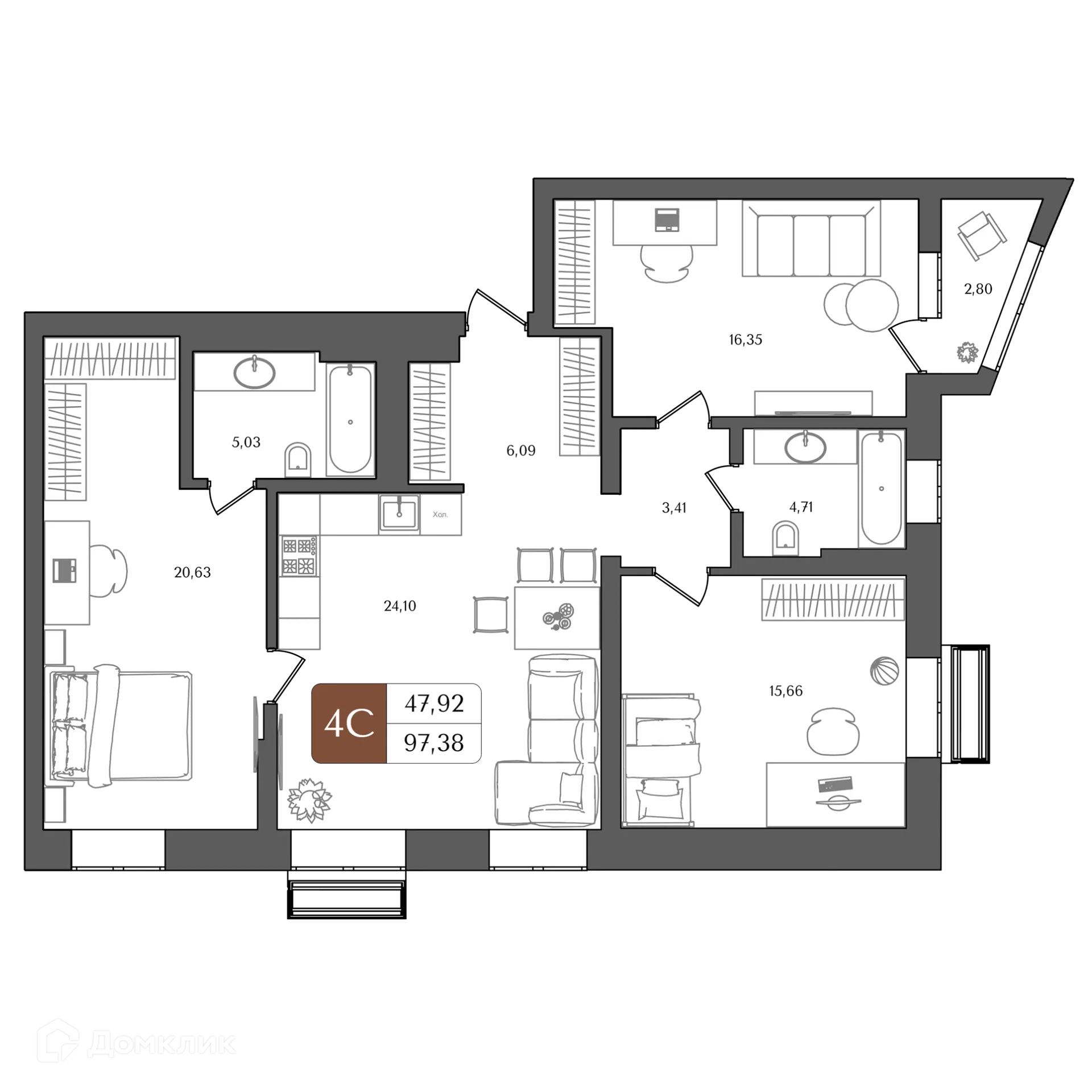 Планировка 4-комнатной квартиры 97.38 м² в ЖК "ХОЛМОГОРЫ", г. Уфа — фото 1