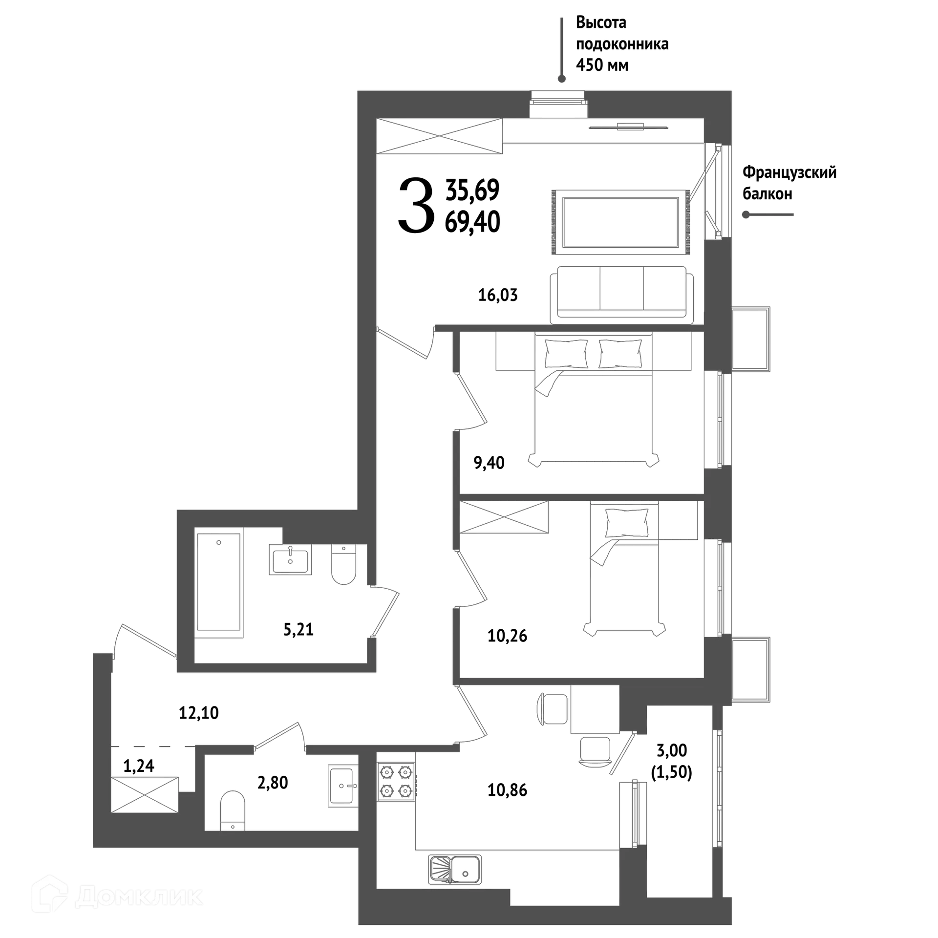 Планировка 3-комнатной квартиры 69.4 м² в ЖК "ХОЛМОГОРЫ", г. Уфа — фото 1