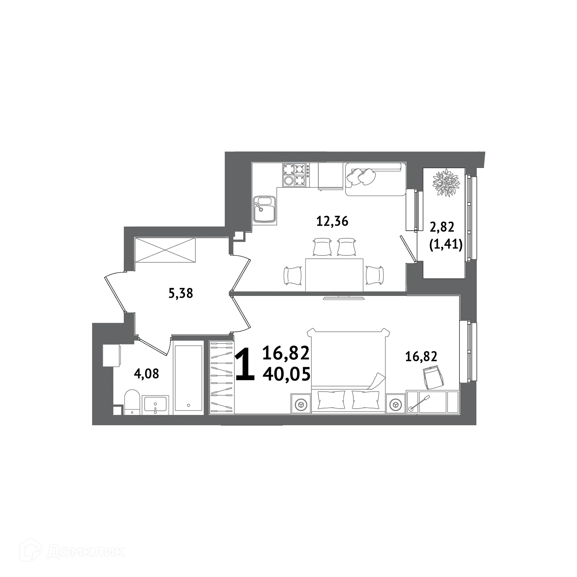 Планировка 1-комнатной квартиры 40.05 м² в ЖК "ХОЛМОГОРЫ", г. Уфа — фото 1