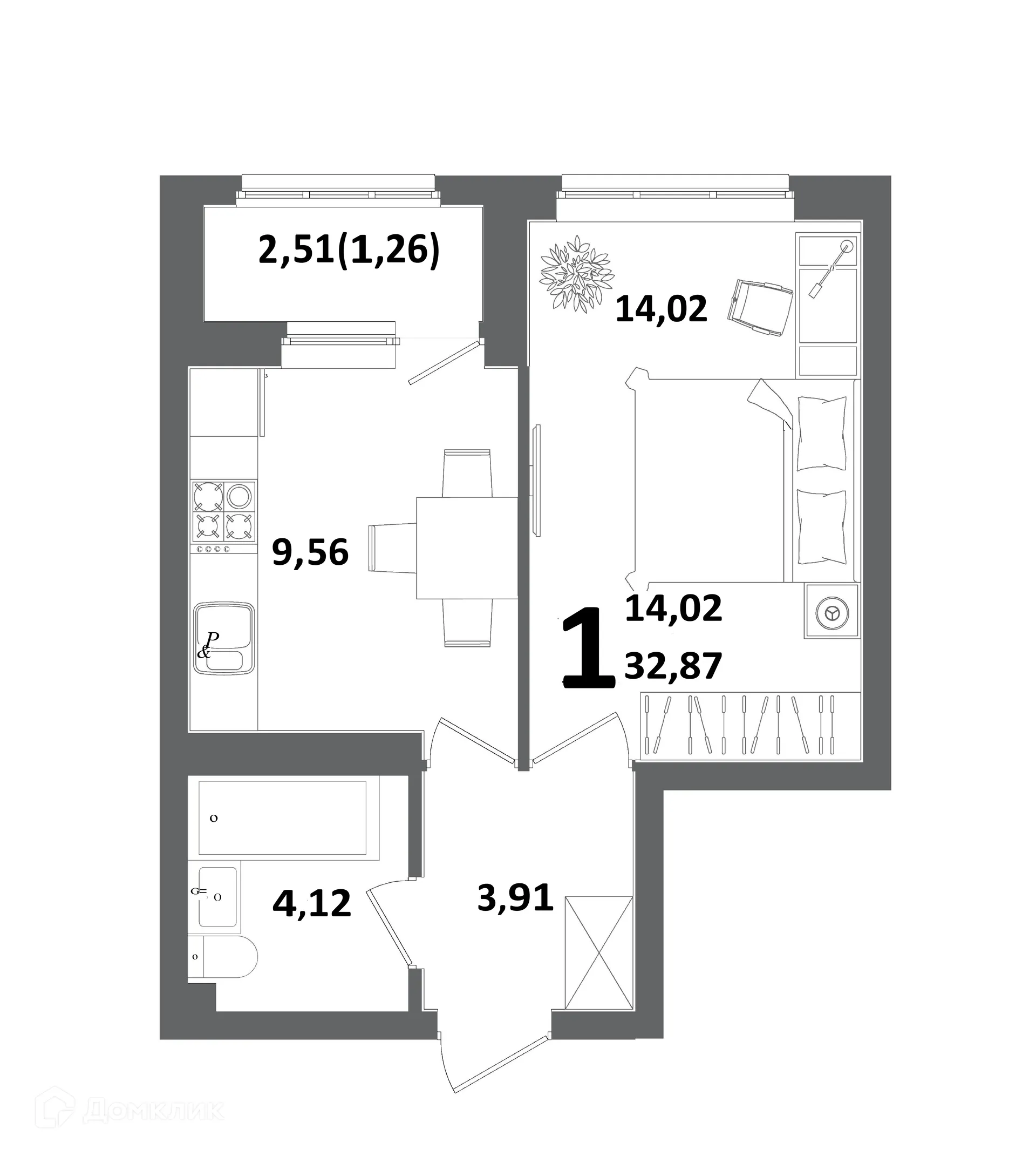 Планировка 1-комнатной квартиры 32.87 м² в ЖК "ХОЛМОГОРЫ", г. Уфа — фото 1