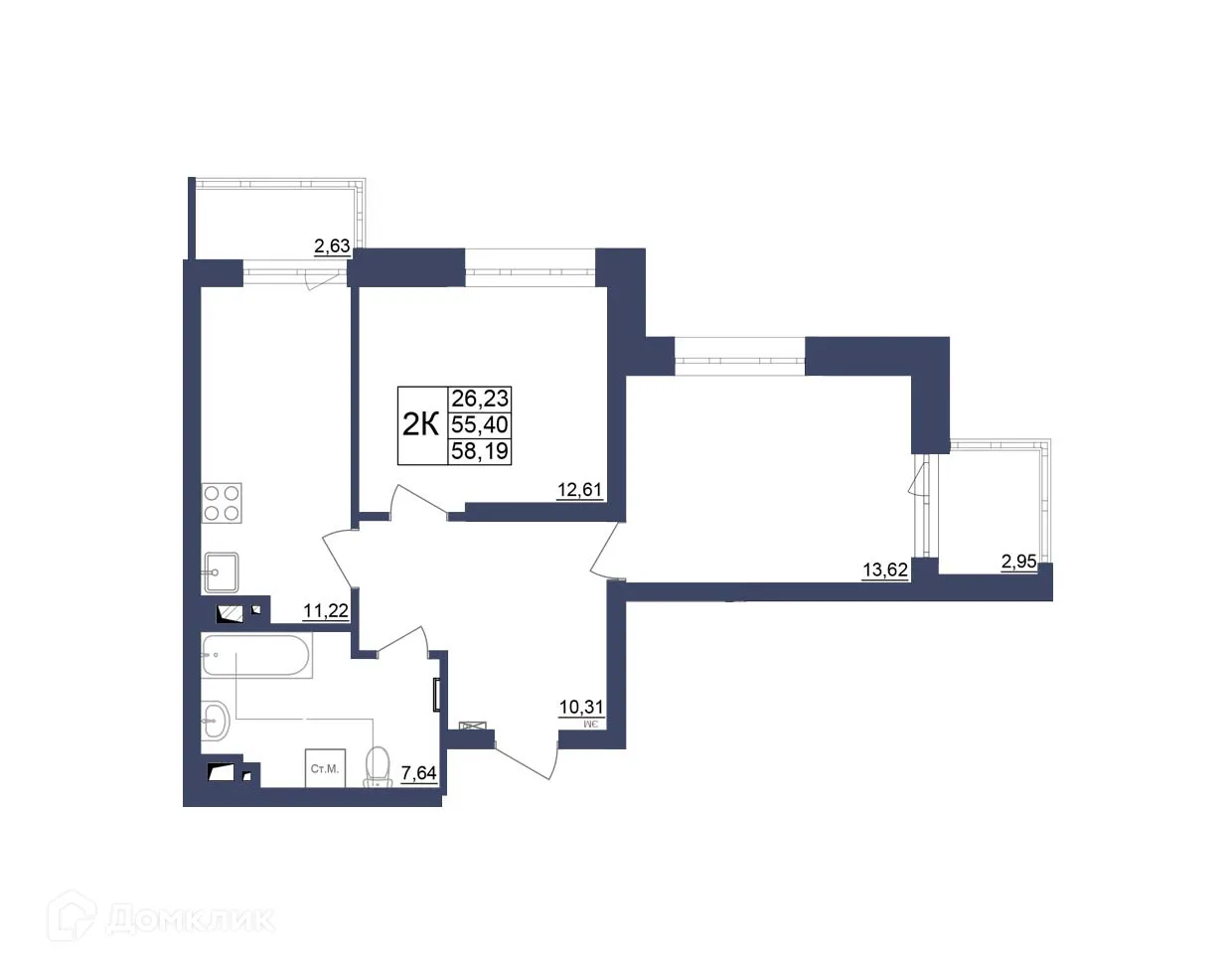 Планировка 2-комнатной квартиры 56.29 м² в ЖК Космос, г. Уфа — фото 1