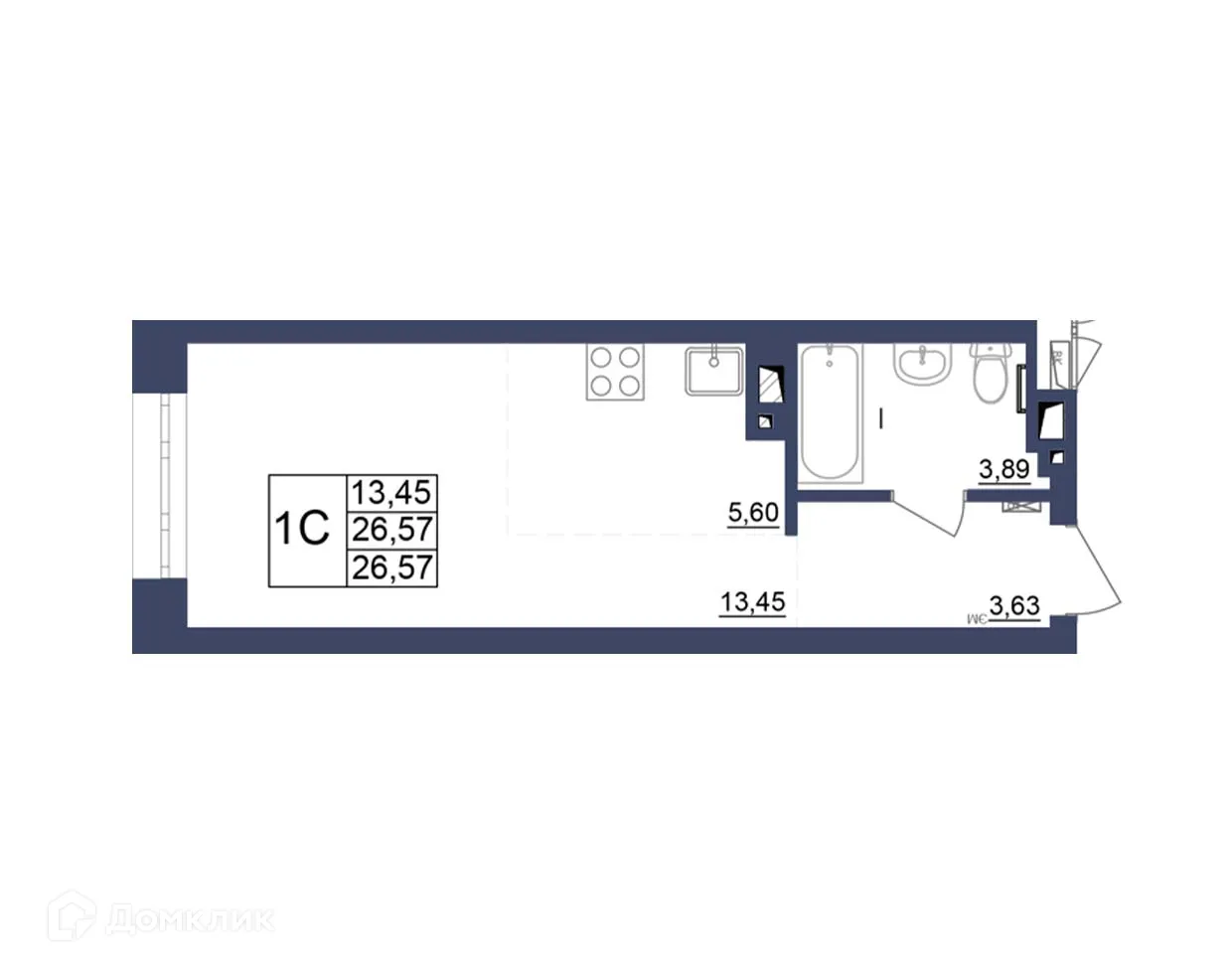 Планировка 1-комнатной квартиры 27.25 м² в ЖК Космос, г. Уфа — фото 1