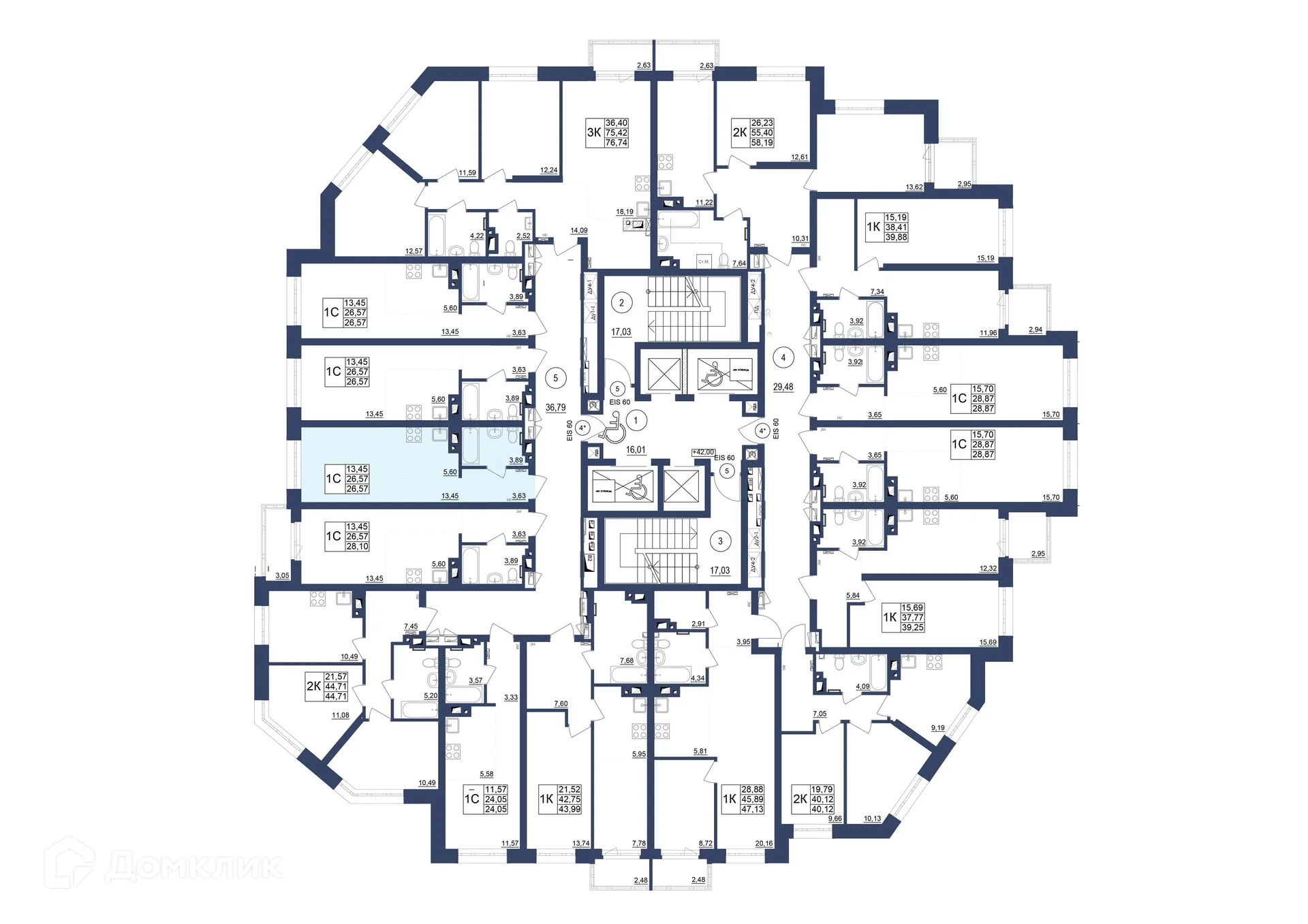Планировка 3-комнатной квартиры 75.96 м² в ЖК Космос, г. Уфа — фото 1