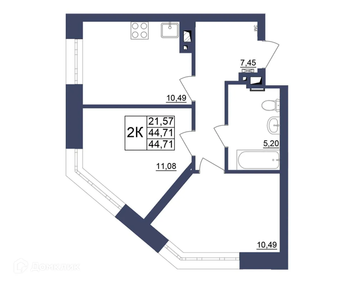 Планировка 2-комнатной квартиры 44.71 м² в ЖК Космос, г. Уфа — фото 1