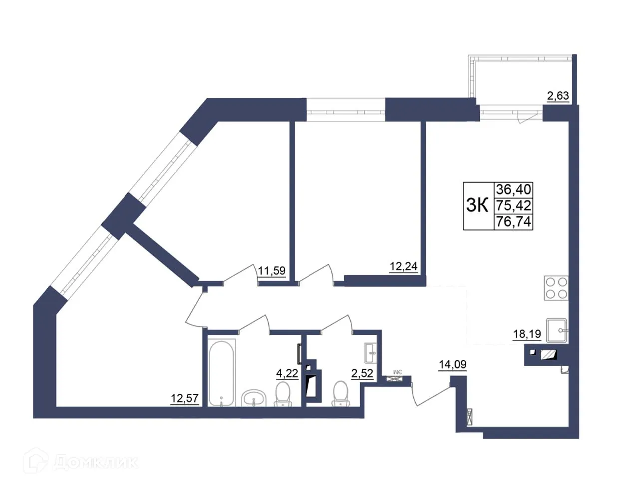 Планировка 3-комнатной квартиры 76.74 м² в ЖК Космос, г. Уфа — фото 1