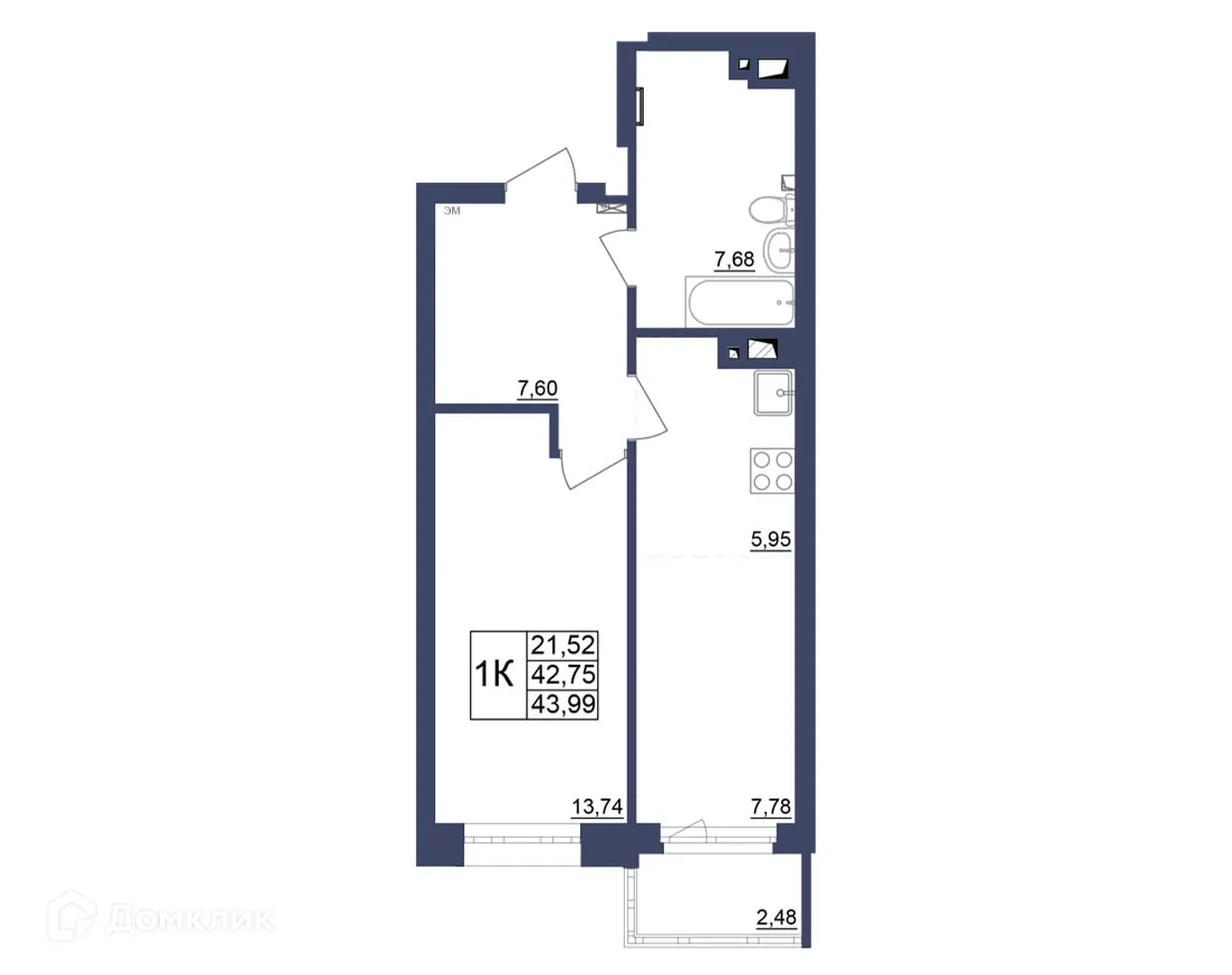 Планировка 1-комнатной квартиры 43.78 м² в ЖК Космос, г. Уфа — фото 1