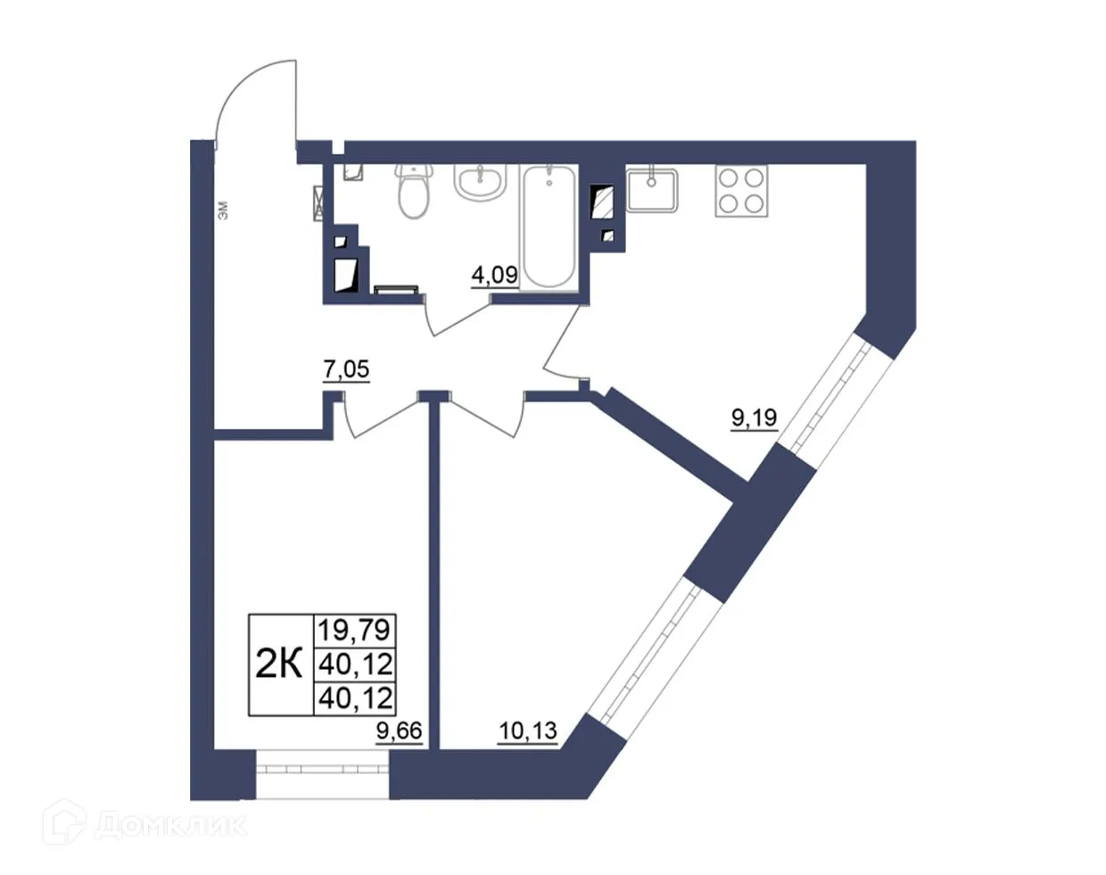 Планировка 2-комнатной квартиры 39.96 м² в ЖК Космос, г. Уфа — фото 1