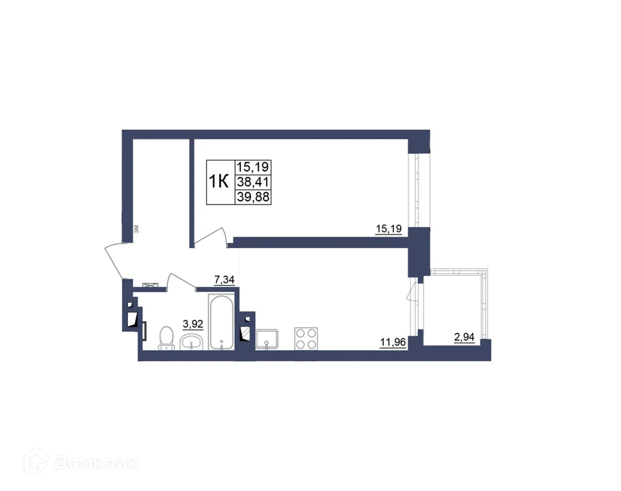 Планировка 1-комнатной квартиры 39.7 м² в ЖК Космос, г. Уфа — фото 1