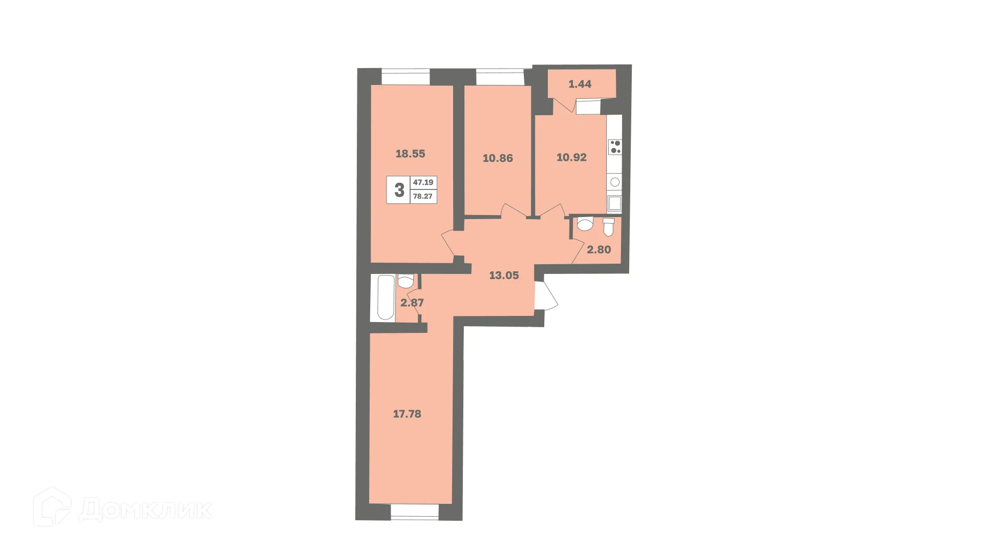 Планировка 3-комнатной квартиры 78.27 м² в ЖК Мечтателей, г. Уфа — фото 1
