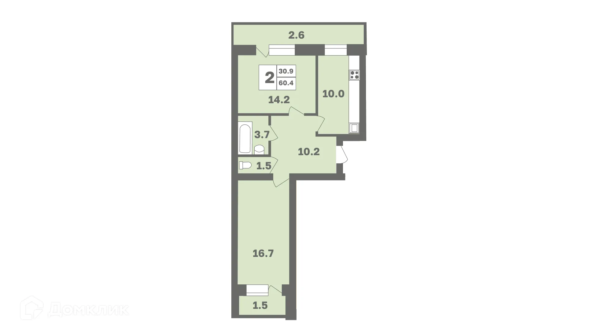 Планировка 2-комнатной квартиры 60.4 м² в ЖК Мечтателей, г. Уфа — фото 1