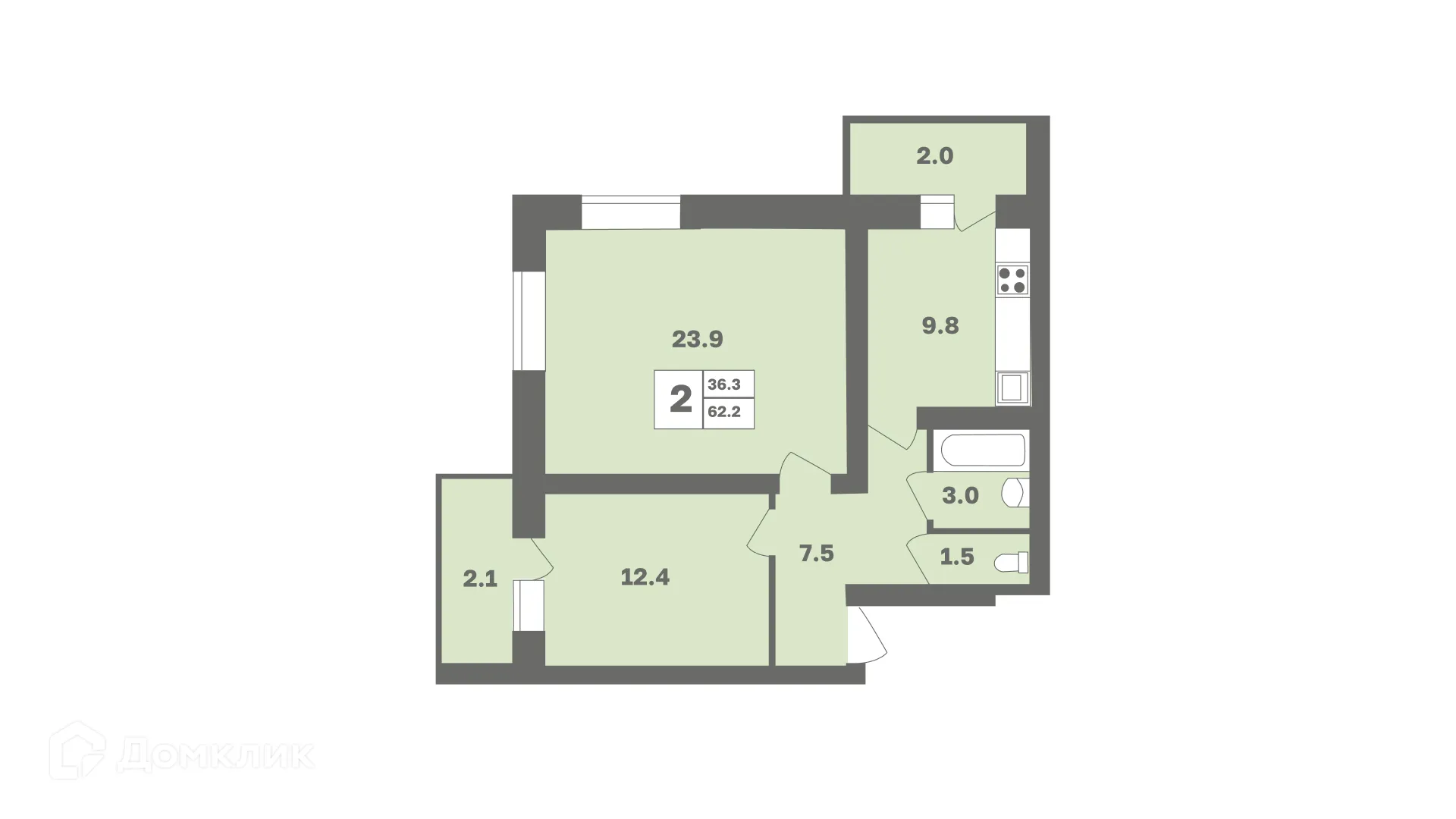 Планировка 2-комнатной квартиры 62.2 м² в ЖК Мечтателей, г. Уфа — фото 1