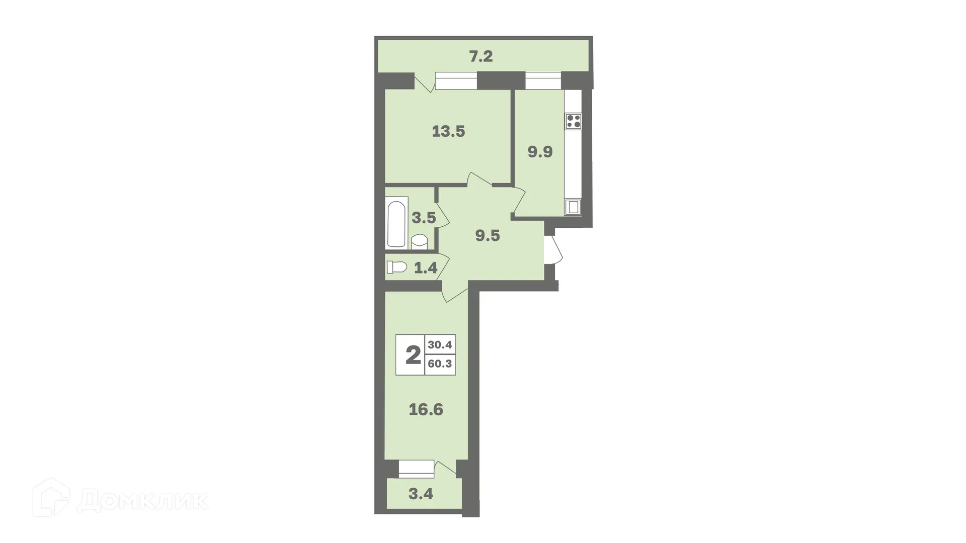 Планировка 2-комнатной квартиры 60.3 м² в ЖК Мечтателей, г. Уфа — фото 1