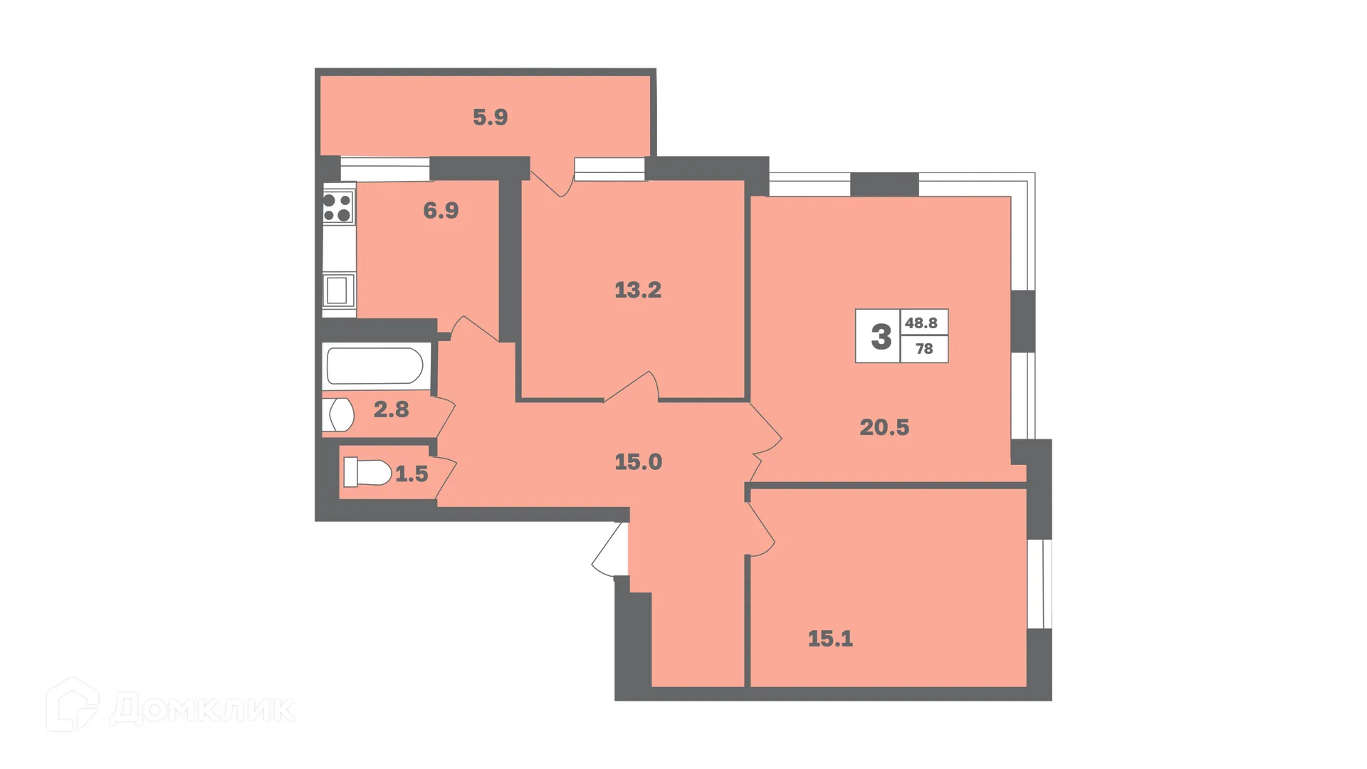 Планировка 3-комнатной квартиры 78.7 м² в ЖК Мечтателей, г. Уфа — фото 1