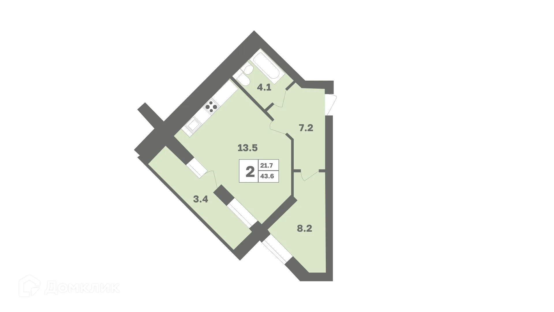 Планировка 2-комнатной квартиры 43.6 м² в ЖК Мечтателей, г. Уфа — фото 1
