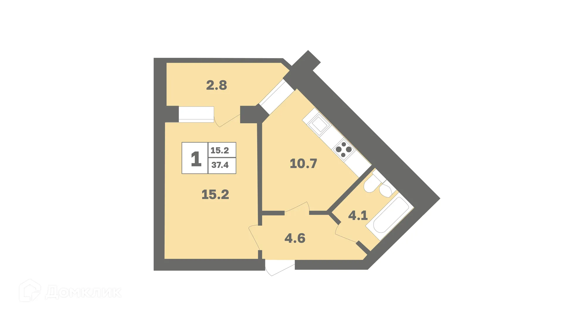 Планировка 1-комнатной квартиры 37.4 м² в ЖК Мечтателей, г. Уфа — фото 1