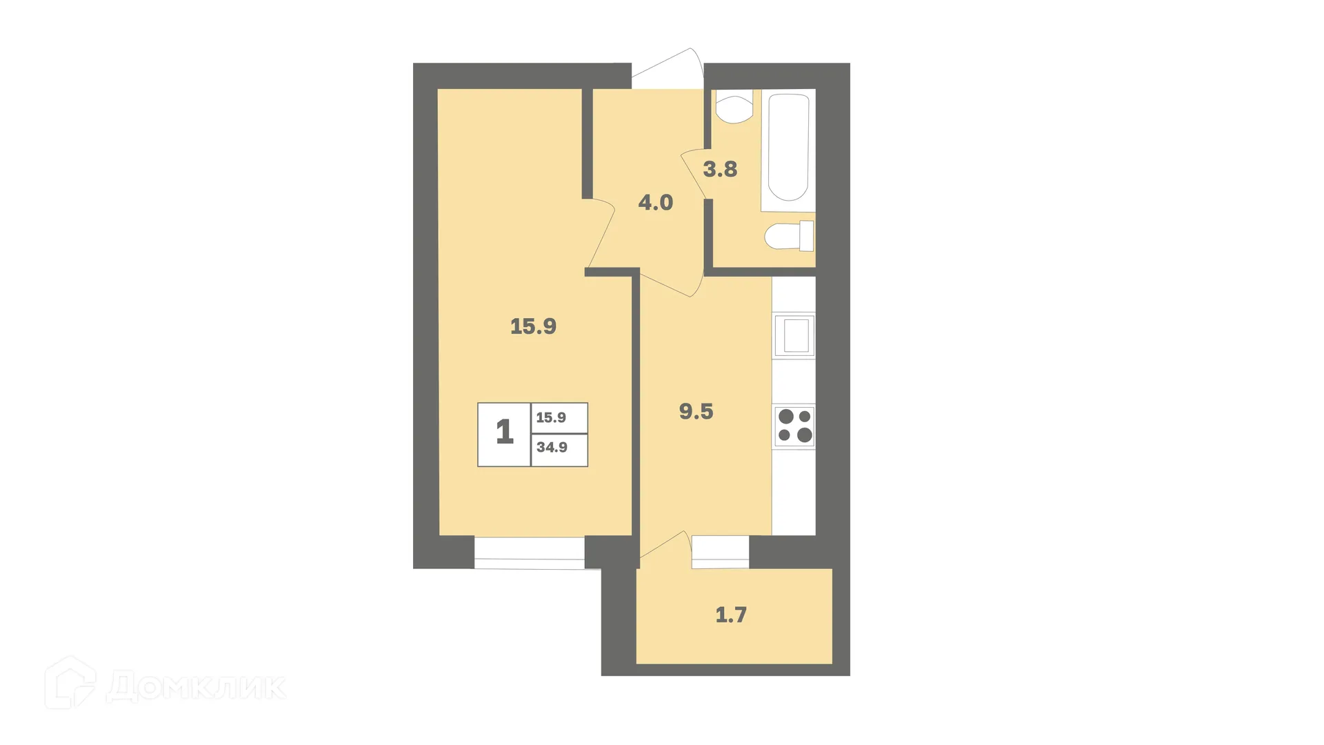 Планировка 1-комнатной квартиры 34.9 м² в ЖК Мечтателей, г. Уфа — фото 1