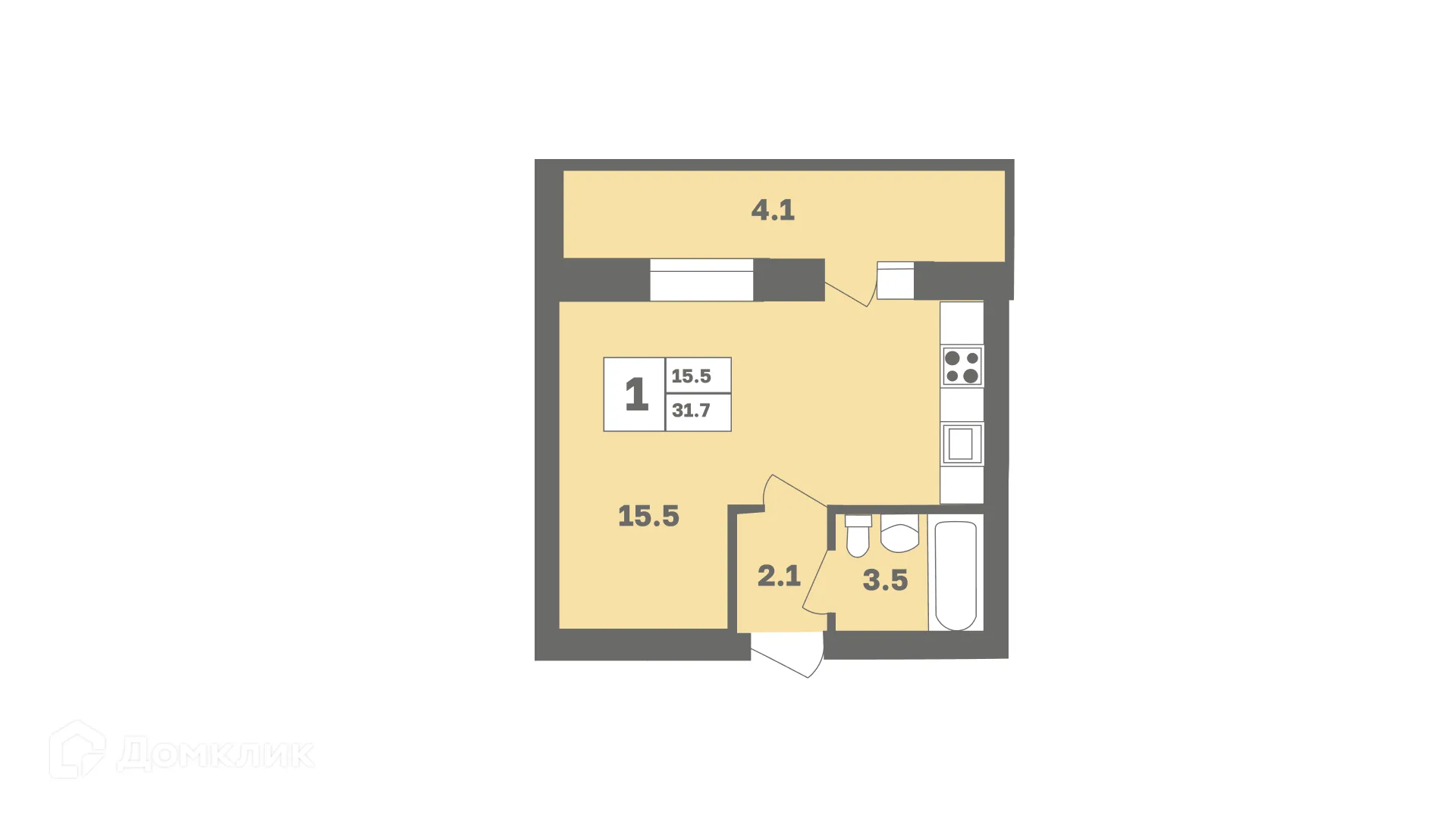 Планировка 1-комнатной квартиры 31.7 м² в ЖК Мечтателей, г. Уфа — фото 1