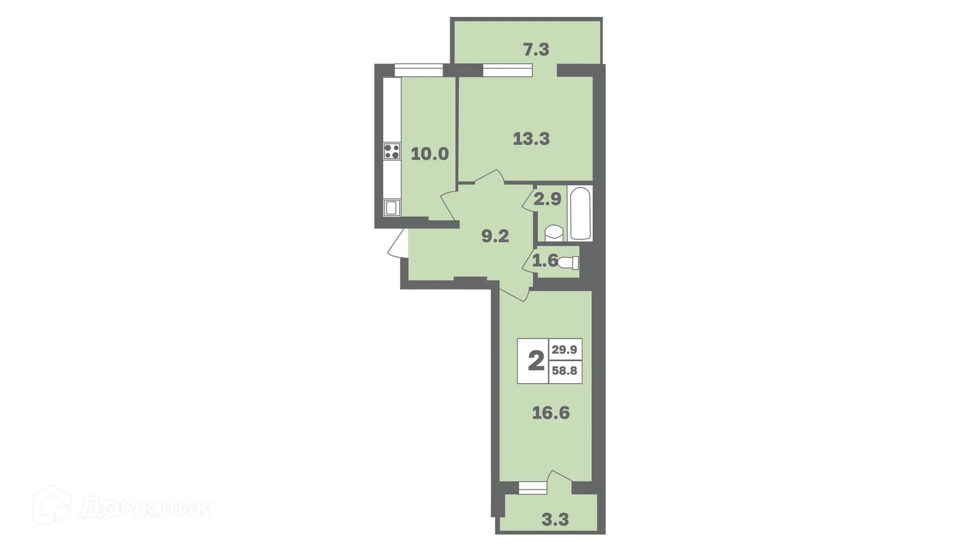 Планировка 2-комнатной квартиры 58.7 м² в ЖК Мечтателей, г. Уфа — фото 1